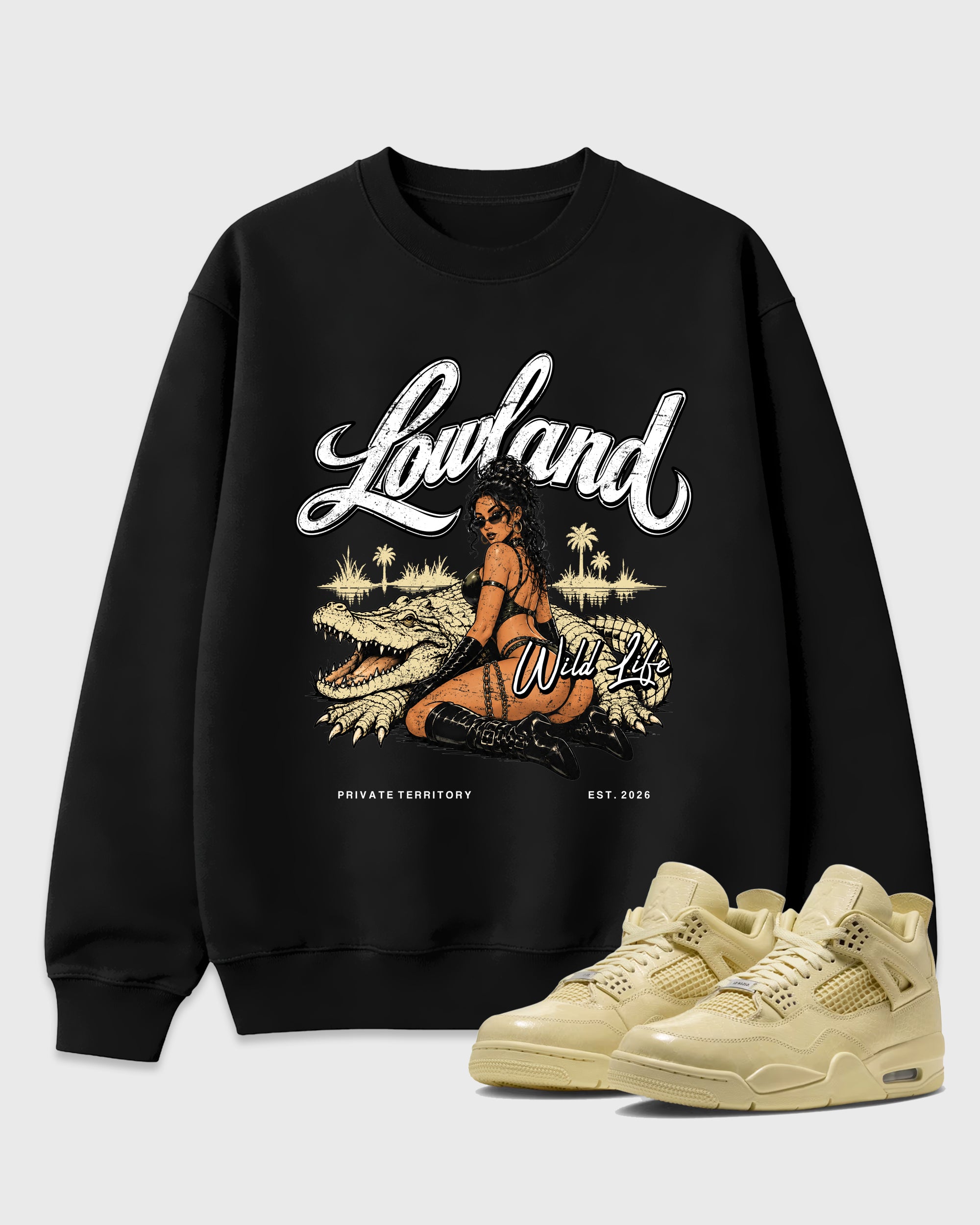 Lowland Graphic T-Shirt featuring original streetwear artwork designed to match the Air Jordan 4 X J Balvin Amazonas. Black 1 Graphic Tee.