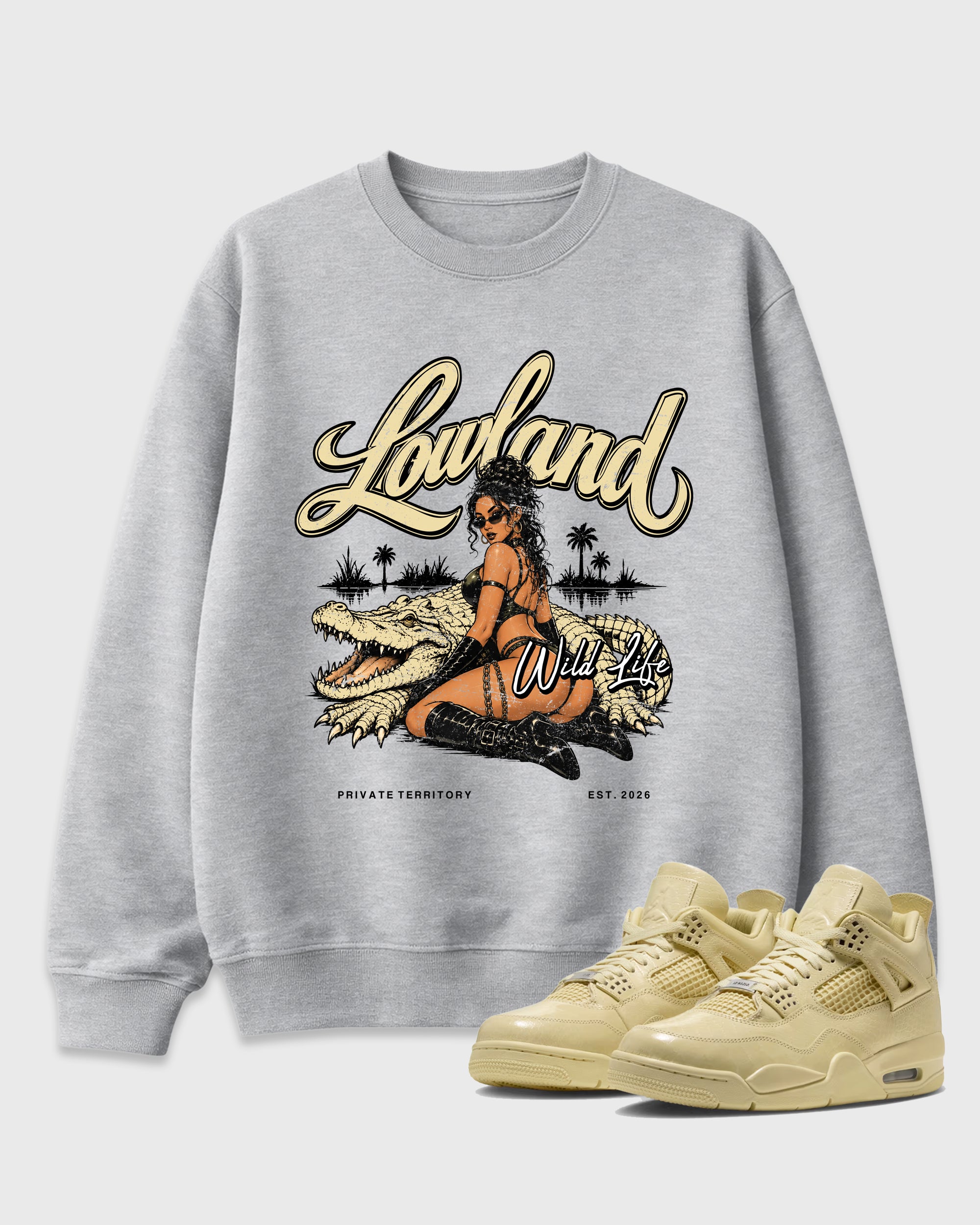 Lowland Graphic T-Shirt featuring original streetwear artwork designed to match the Air Jordan 4 X J Balvin Amazonas. Heather Grey 1 Graphic Tee.