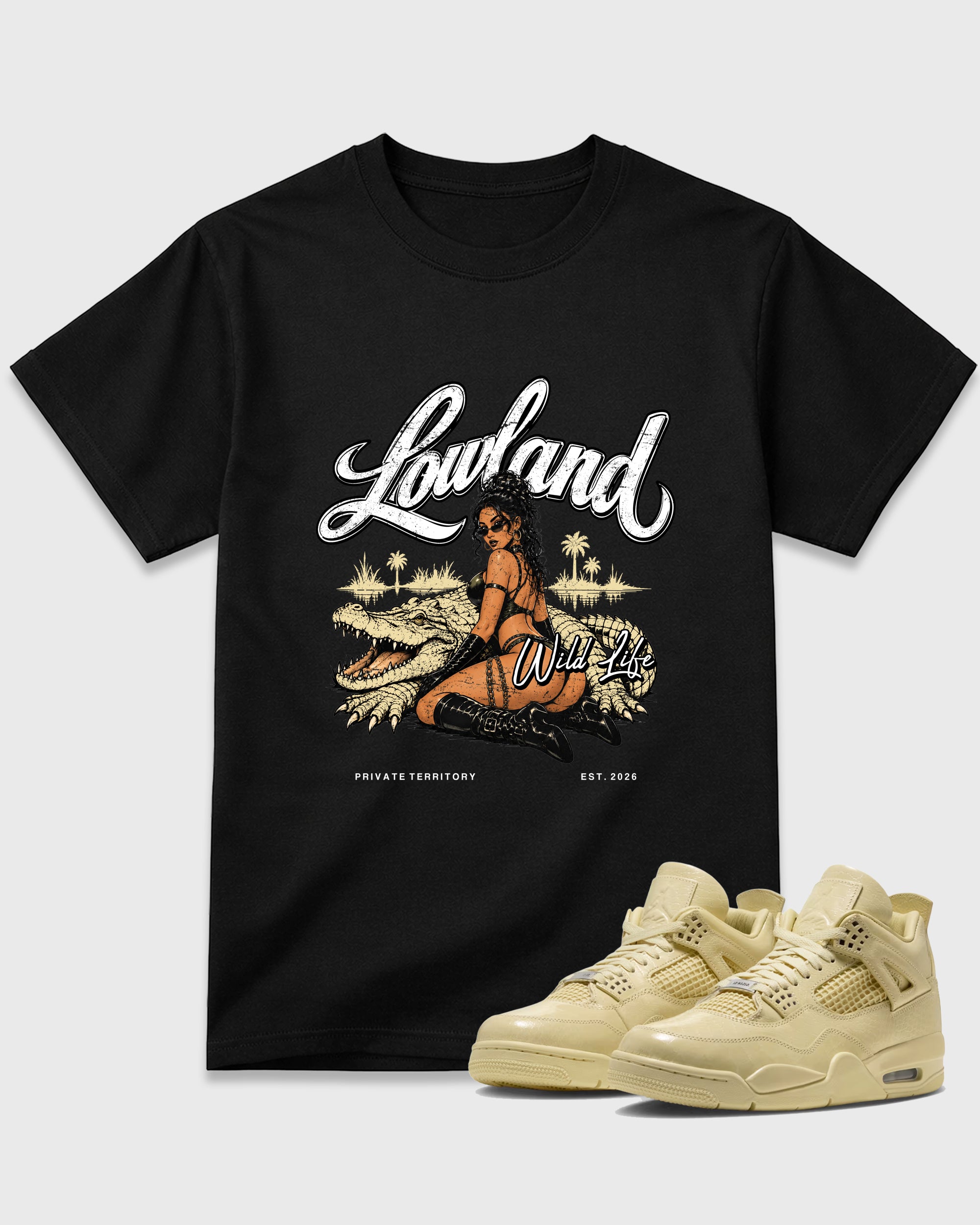 Lowland Graphic T-Shirt featuring original streetwear artwork designed to match the Air Jordan 4 X J Balvin Amazonas. Black 1 Graphic T-Shirt.