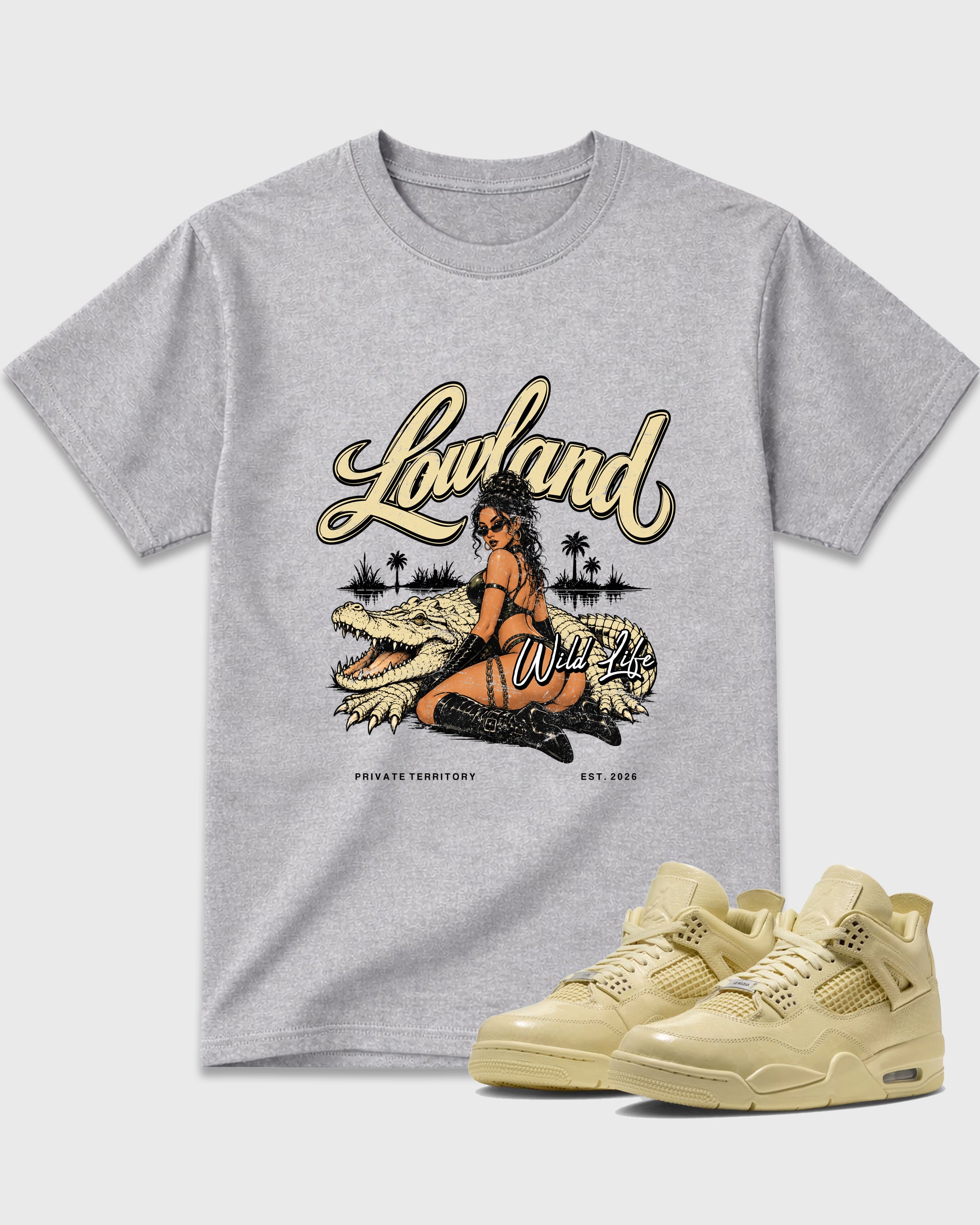 Lowland Graphic T-Shirt featuring original streetwear artwork designed to match the Air Jordan 4 X J Balvin Amazonas. Heather Grey 1 Graphic T-Shirt.