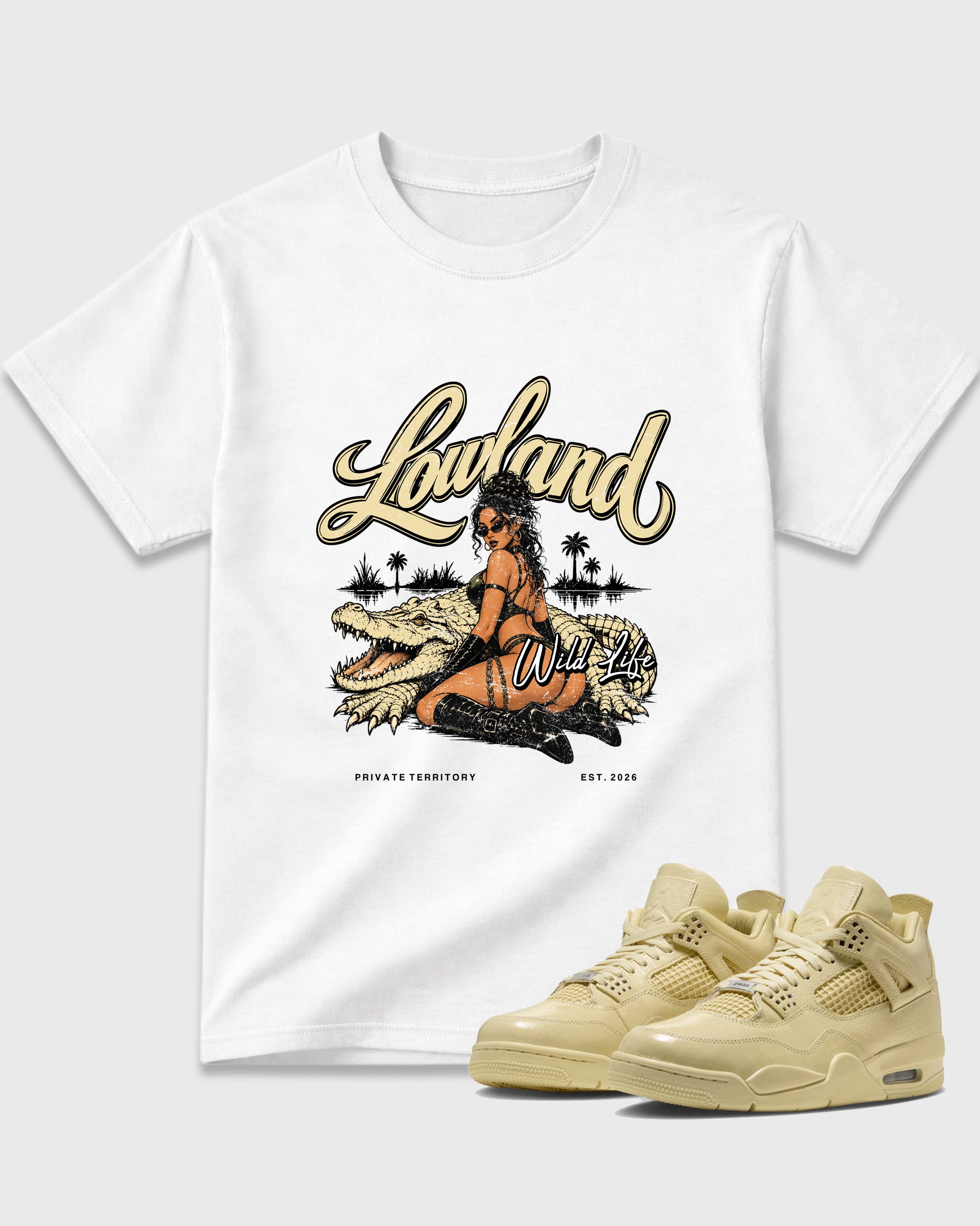 Lowland Graphic T-Shirt featuring original streetwear artwork designed to match the Air Jordan 4 X J Balvin Amazonas. White 1 Graphic T-Shirt.