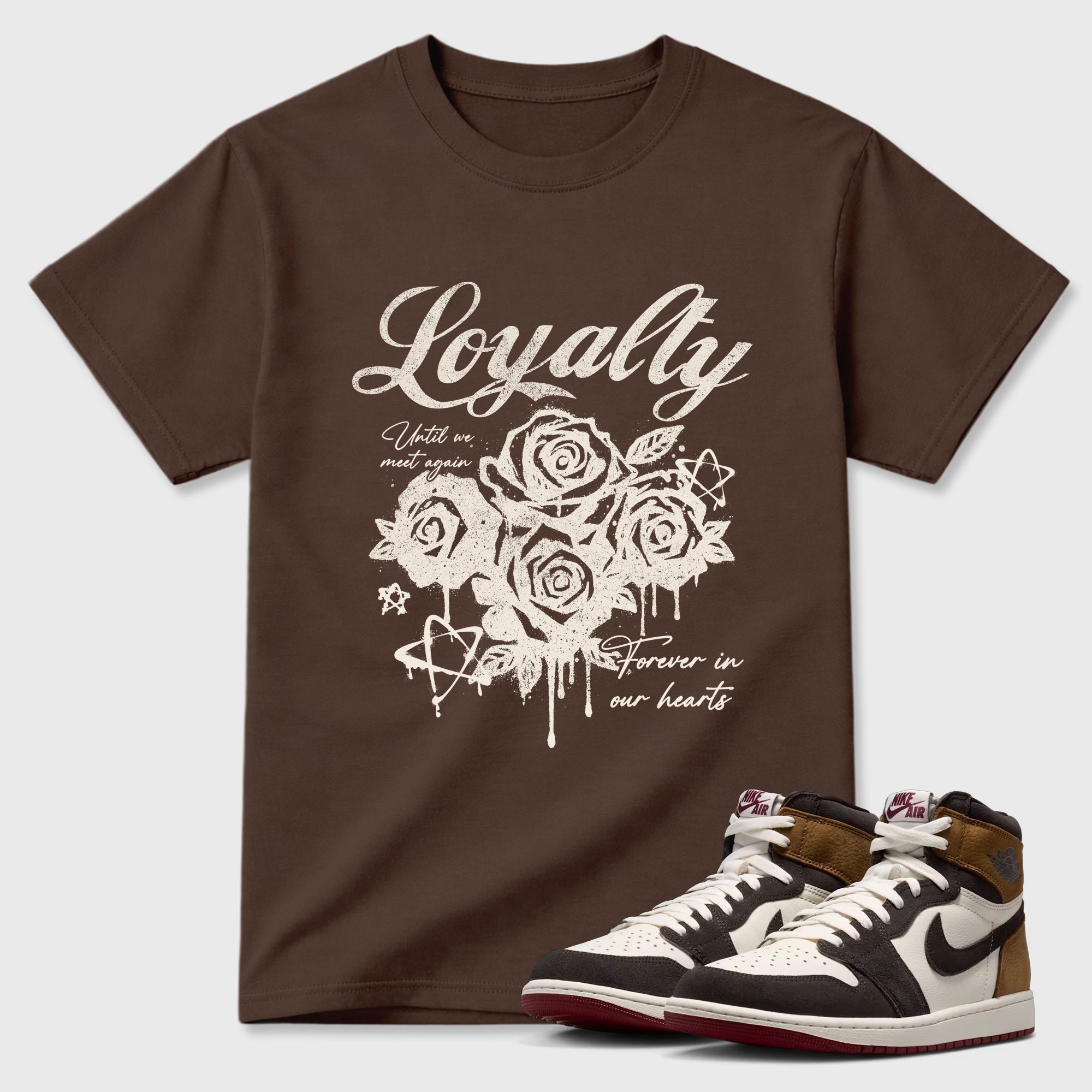 Loyalty Graphic T-Shirt featuring original streetwear artwork designed to match the Air Jordan 1 Love Letter. Dark Chocolate 1 Graphic T-Shirt.
