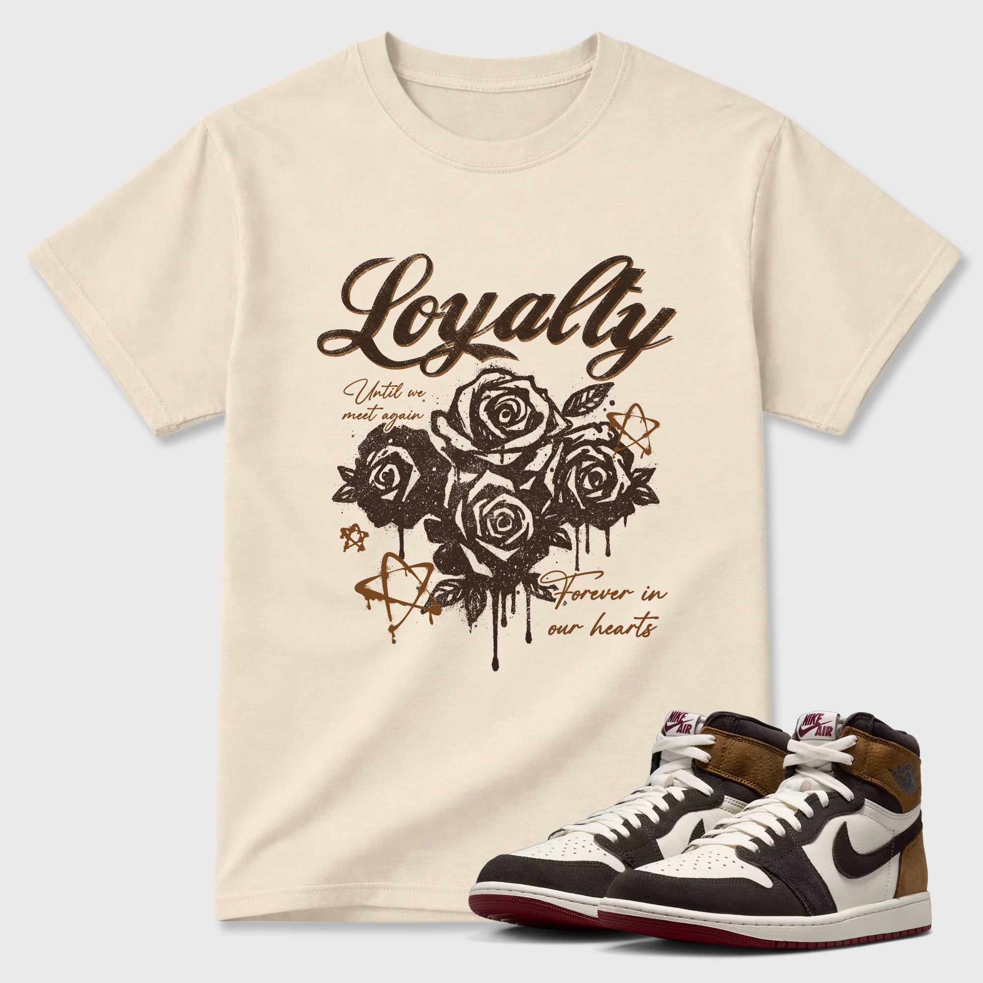 Loyalty Graphic T-Shirt featuring original streetwear artwork designed to match the Air Jordan 1 Love Letter. Natural 1 Graphic T-Shirt.