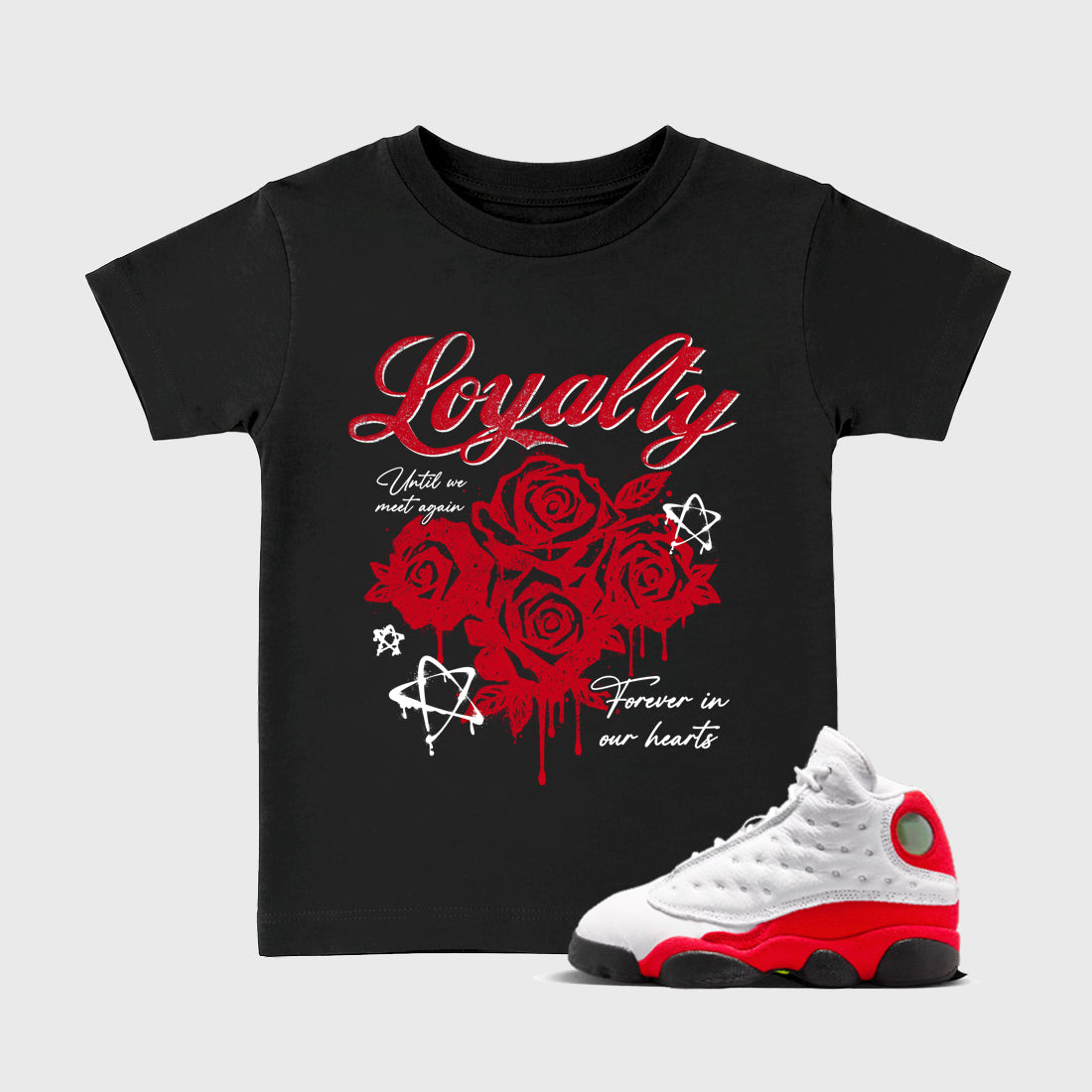 Sneaker match tees – Sneaker Tees To Match Air Jordan 13 University Red Shoes – Loyalty Kids T-Shirt Black 1