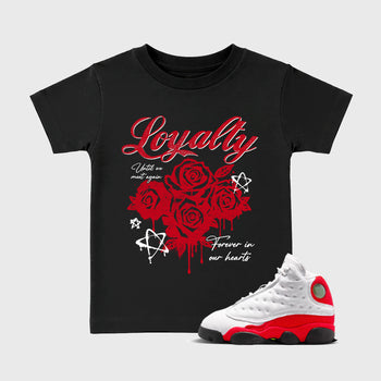 Sneaker match tees – Sneaker Tees To Match Air Jordan 13 University Red Shoes – Loyalty Kids T-Shirt Black 1
