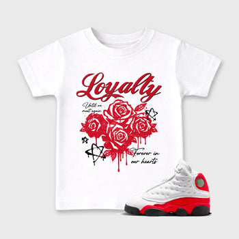 Sneaker match tees – Sneaker Tees To Match Air Jordan 13 University Red Shoes – Loyalty Kids T-Shirt White 1