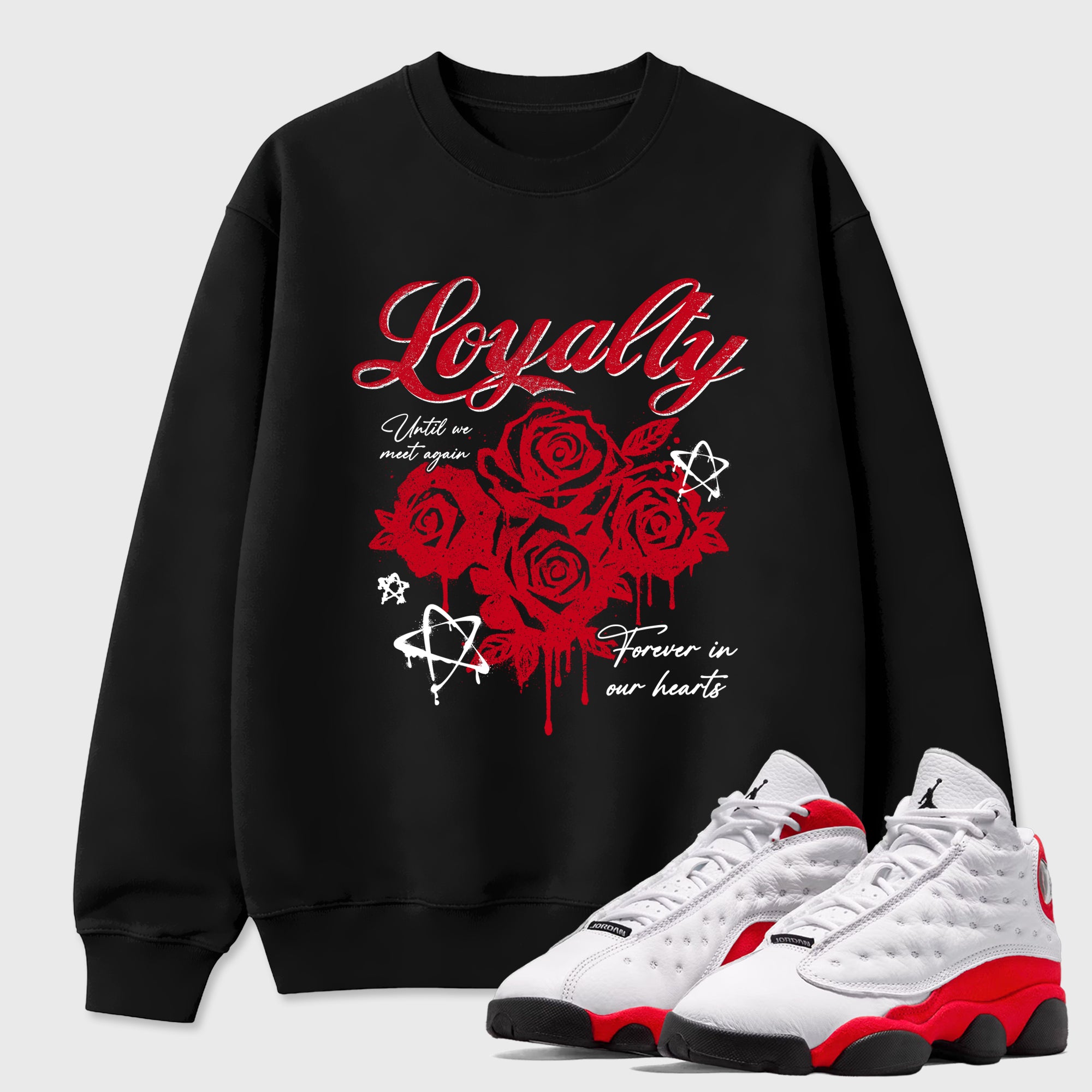 Sneaker match tees – Sneaker Tees To Match Air Jordan 13 University Red Shoes – Loyalty Tee Black 1