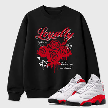 Sneaker match tees – Sneaker Tees To Match Air Jordan 13 University Red Shoes – Loyalty Tee Black 1