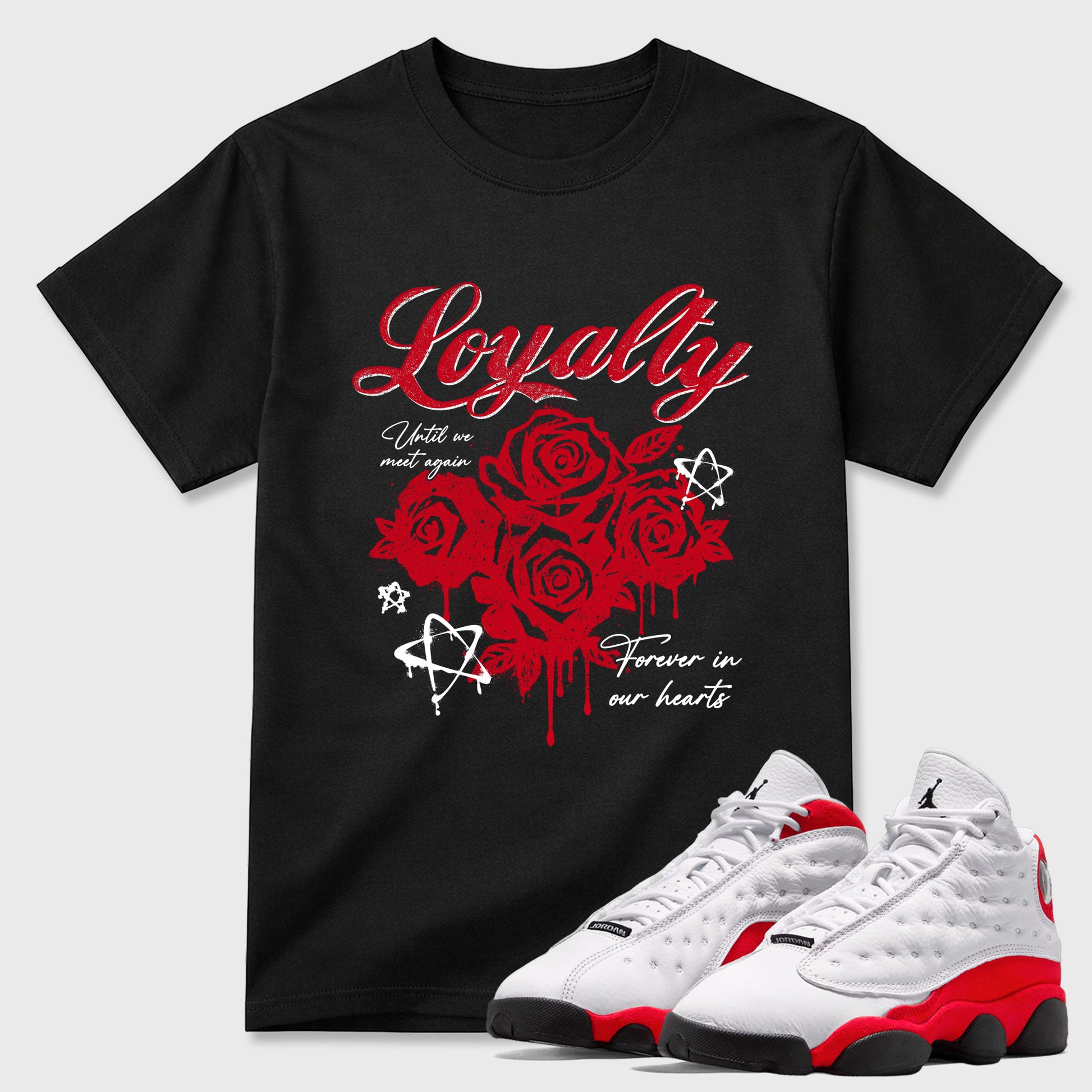 Sneaker match tees – Sneaker Tees To Match Air Jordan 13 University Red Shoes – Loyalty Tee Black 1