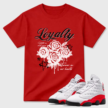 Sneaker match tees – Sneaker Tees To Match Air Jordan 13 University Red Shoes – Loyalty Tee Red 1