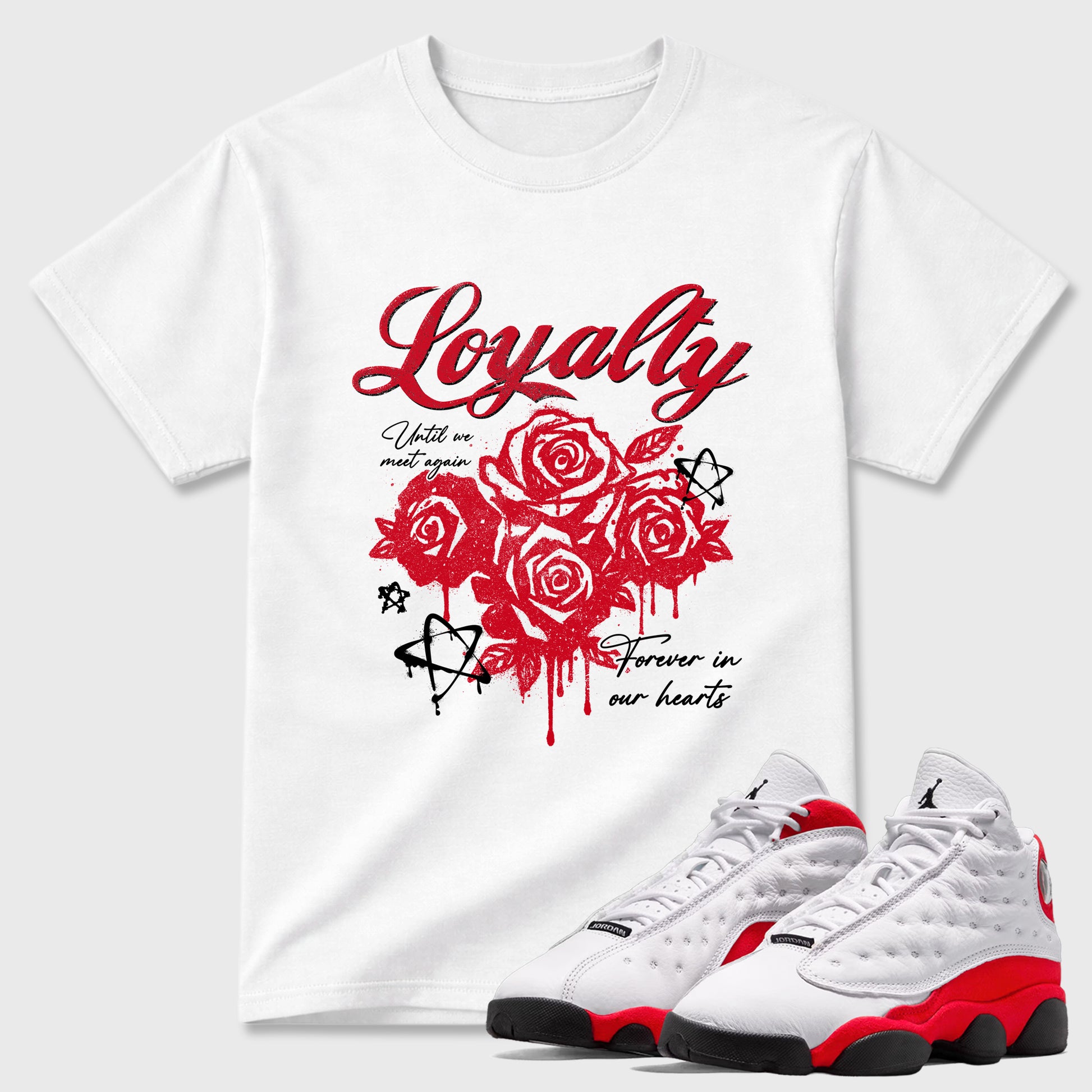 Sneaker match tees – Sneaker Tees To Match Air Jordan 13 University Red Shoes – Loyalty Tee White 1