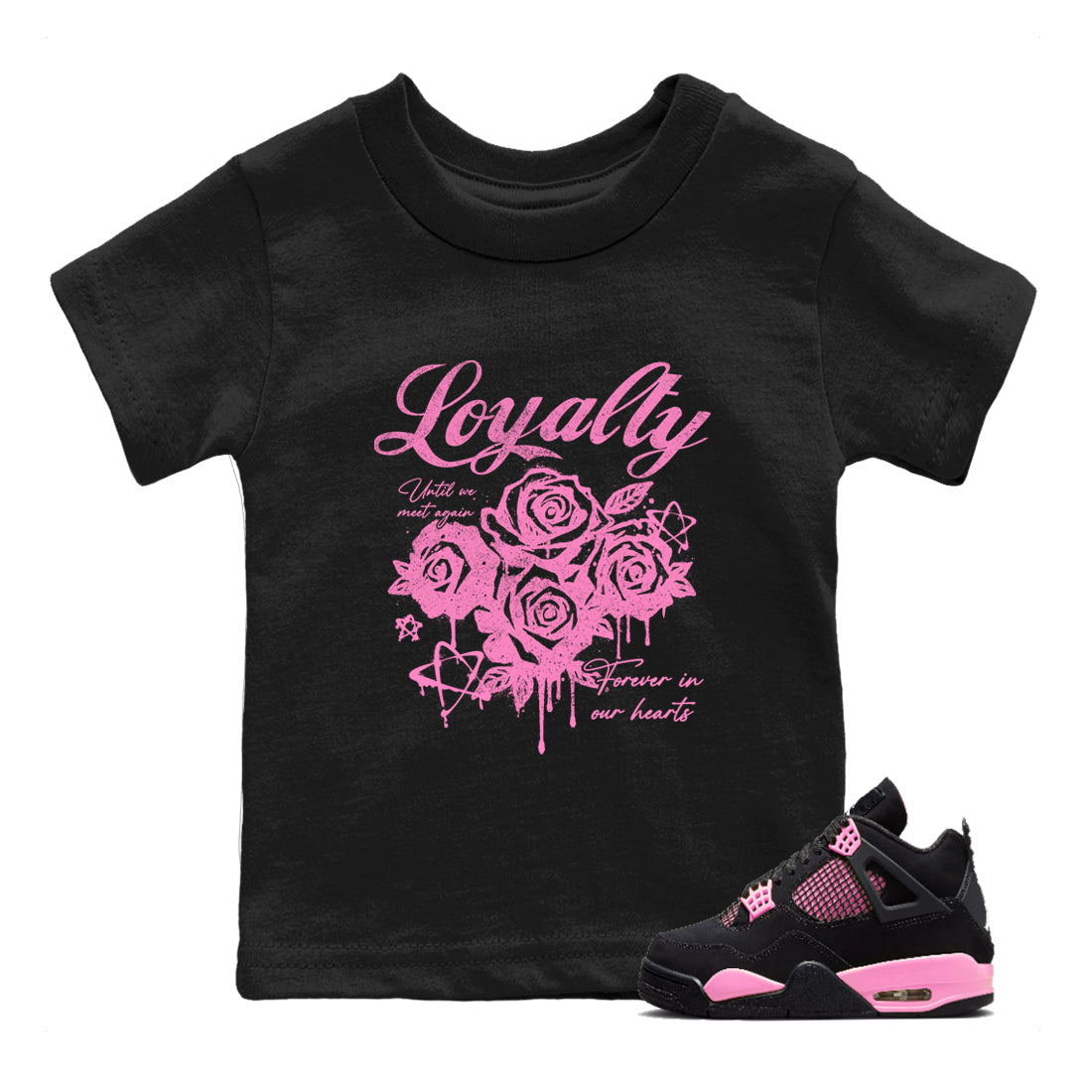 Perfect Valentine's Day Gifts graphic tee  – Sneaker Tees To Match Air Jordan 4 Pink Thunder – Loyalty Kids Graphic T-Shirt Black 1
