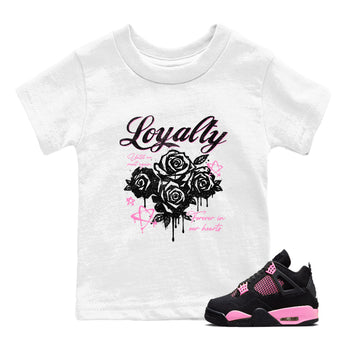 Perfect Valentine's Day Gifts graphic tee  – Sneaker Tees To Match Air Jordan 4 Pink Thunder – Loyalty Kids Graphic T-Shirt White 1