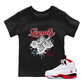 Sneaker match tees – Sneaker Tees To Match Air Jordan 5 Fire Red Shoes – Loyalty Kids T-Shirt Black 1