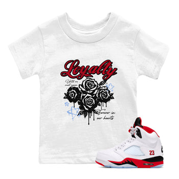 Sneaker match tees – Sneaker Tees To Match Air Jordan 5 Fire Red Shoes – Loyalty Kids T-Shirt White 1
