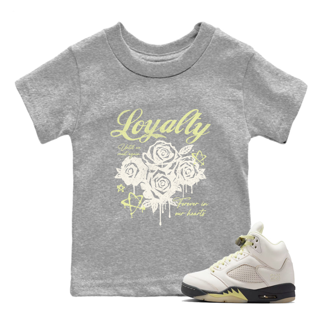 Sneaker match tees – Sneaker Tees To Match Air Jordan 5 Luminous Green Shoes – Loyalty Kids T-Shirt Heather Grey 1