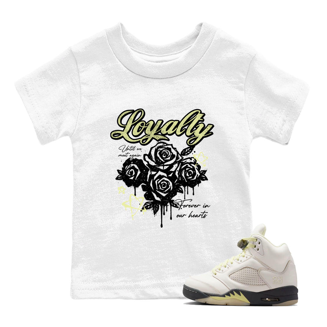 Sneaker match tees – Sneaker Tees To Match Air Jordan 5 Luminous Green Shoes – Loyalty Kids T-Shirt White 1