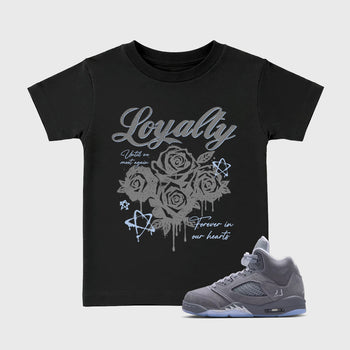 Sneaker match tees – Sneaker Tees To Match Air Jordan 5 Wolf Grey Shoes – Loyalty Kids T-Shirt Black 1