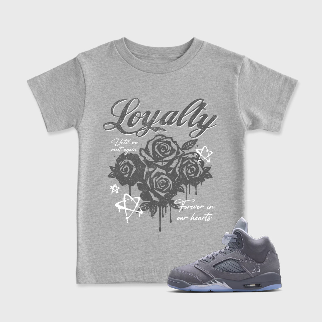 Sneaker match tees – Sneaker Tees To Match Air Jordan 5 Wolf Grey Shoes – Loyalty Kids T-Shirt Heather Grey 1