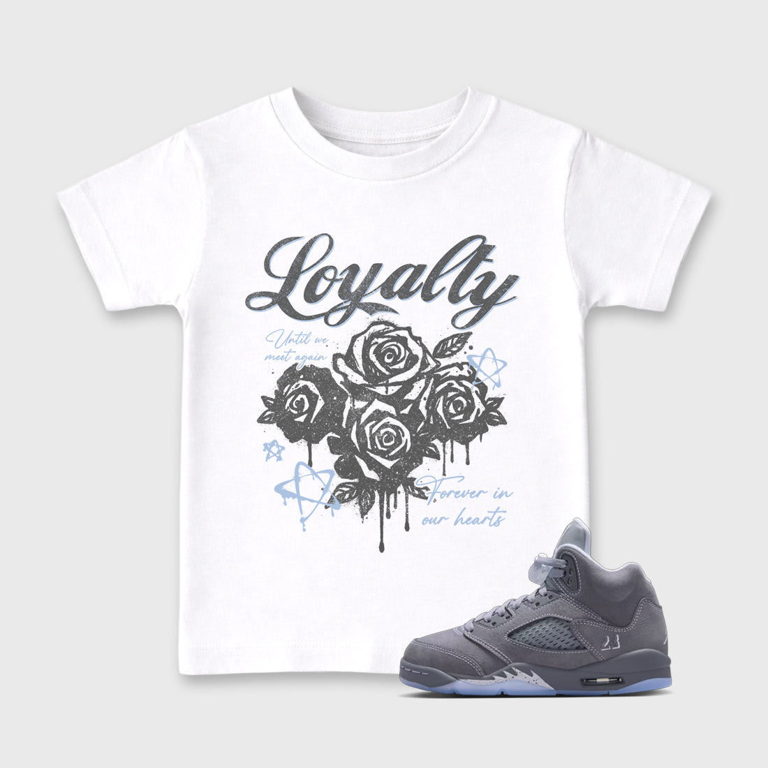Sneaker match tees – Sneaker Tees To Match Air Jordan 5 Wolf Grey Shoes – Loyalty Kids T-Shirt White 1