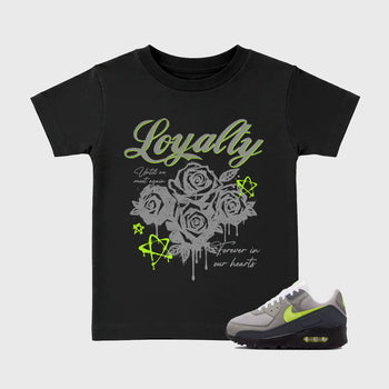 Sneaker match tees – Sneaker Tees To Match Air Max 90 Neon Yellow Shoes – Loyalty Kids T-Shirt Black 1