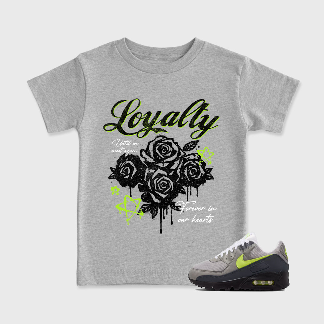 Sneaker match tees – Sneaker Tees To Match Air Max 90 Neon Yellow Shoes – Loyalty Kids T-Shirt Heather Grey 1