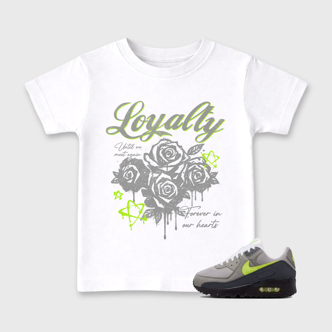 Sneaker match tees – Sneaker Tees To Match Air Max 90 Neon Yellow Shoes – Loyalty Kids T-Shirt White 1