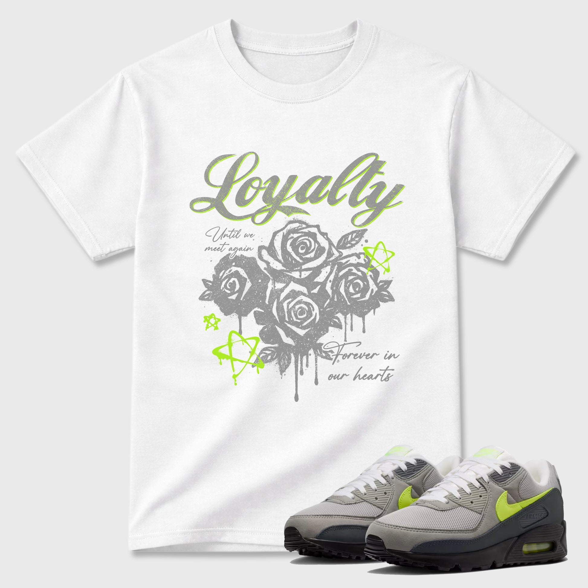 Sneaker match tees – Sneaker Tees To Match Air Max 90 Neon Yellow Shoes – Loyalty Tee White 1
