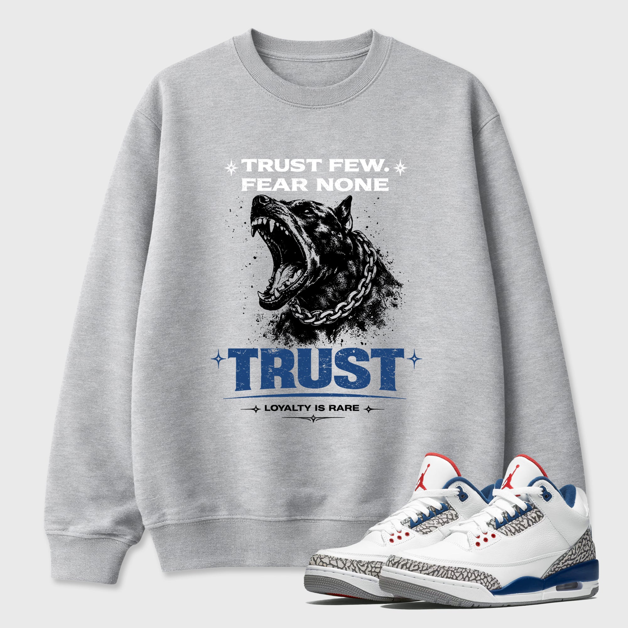 Loyalty is Rare Graphic T-Shirt featuring original streetwear artwork designed to match the Air Jordan 3 True Blue. Heather Grey 1 Graphic Tee.