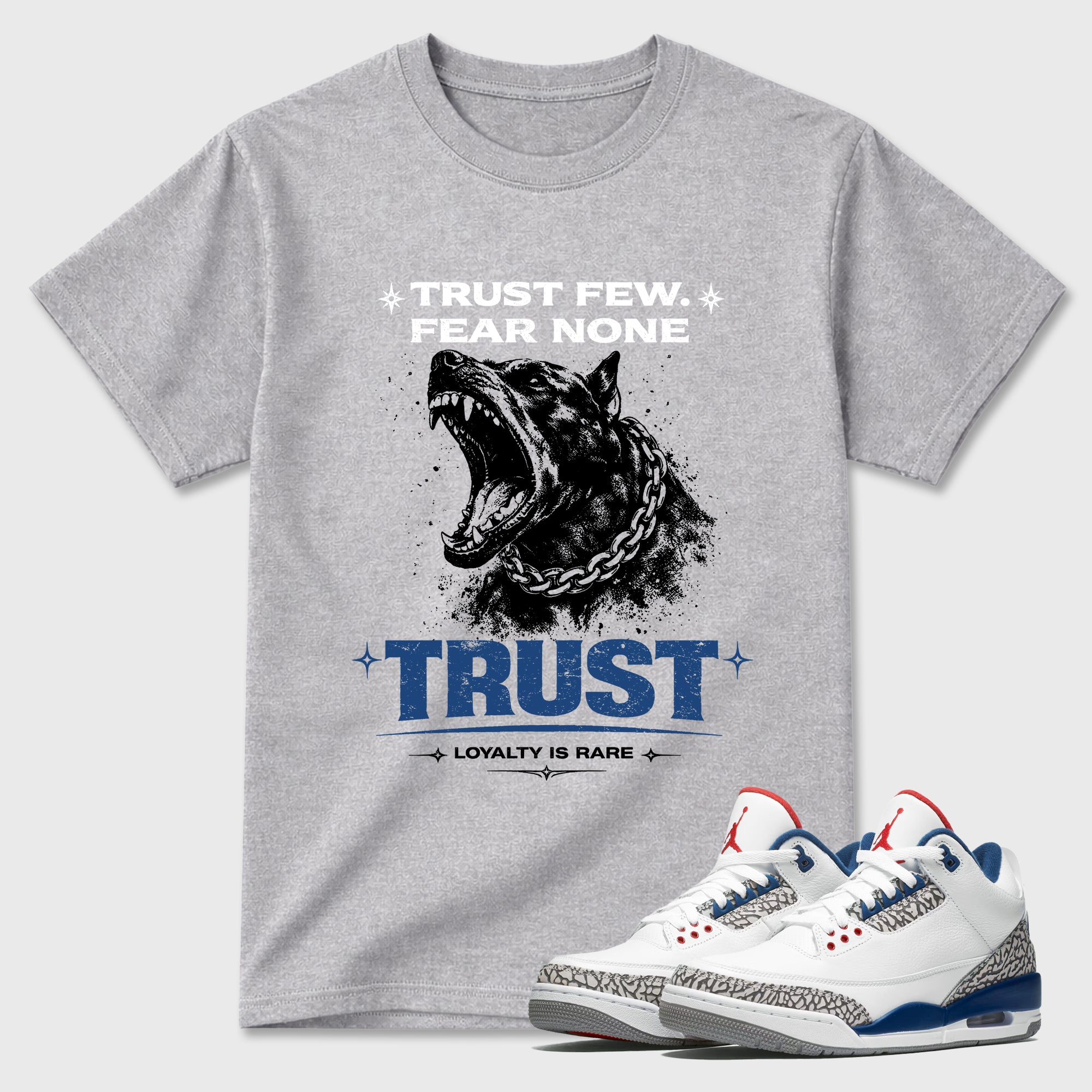 Loyalty is Rare Graphic T-Shirt featuring original streetwear artwork designed to match the Air Jordan 3 True Blue. Heather Grey 1 Graphic T-Shirt.