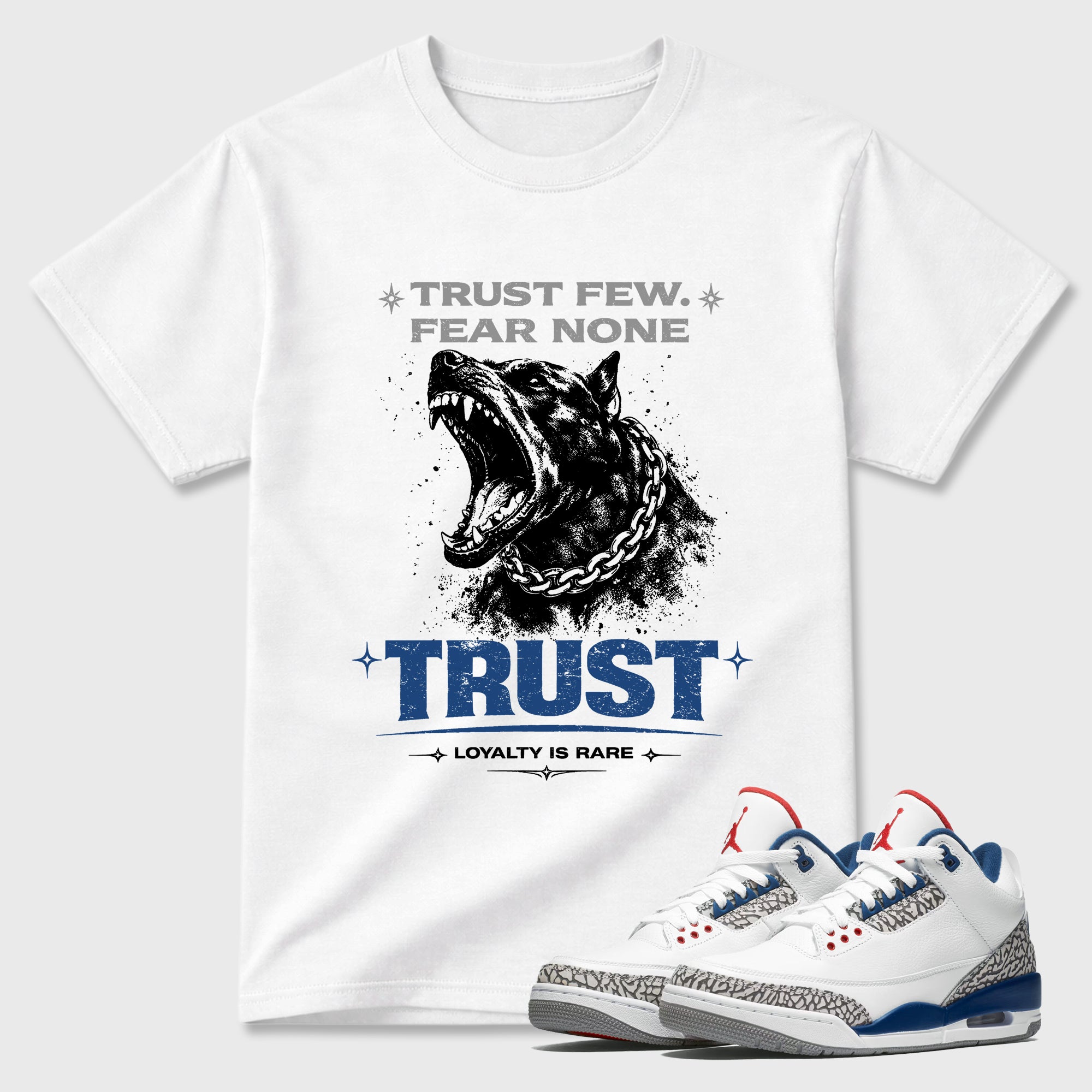 Loyalty is Rare Graphic T-Shirt featuring original streetwear artwork designed to match the Air Jordan 3 True Blue. White 1 Graphic T-Shirt.