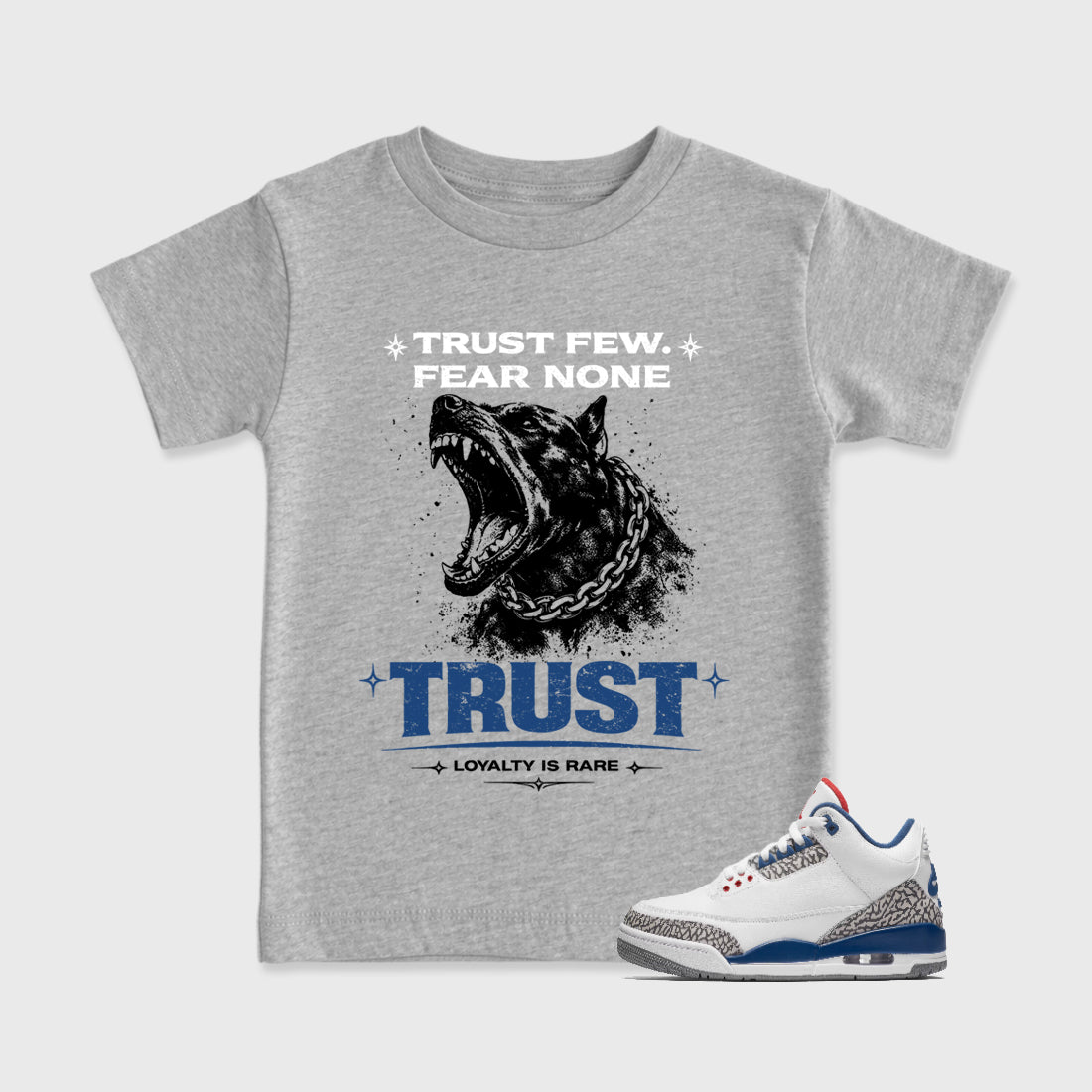 Loyalty is Rare Baby & Kids Graphic T-Shirt featuring original artwork designed to match the Air Jordan 3 True Blue. Heather Grey 1 Kids Graphic Tee.