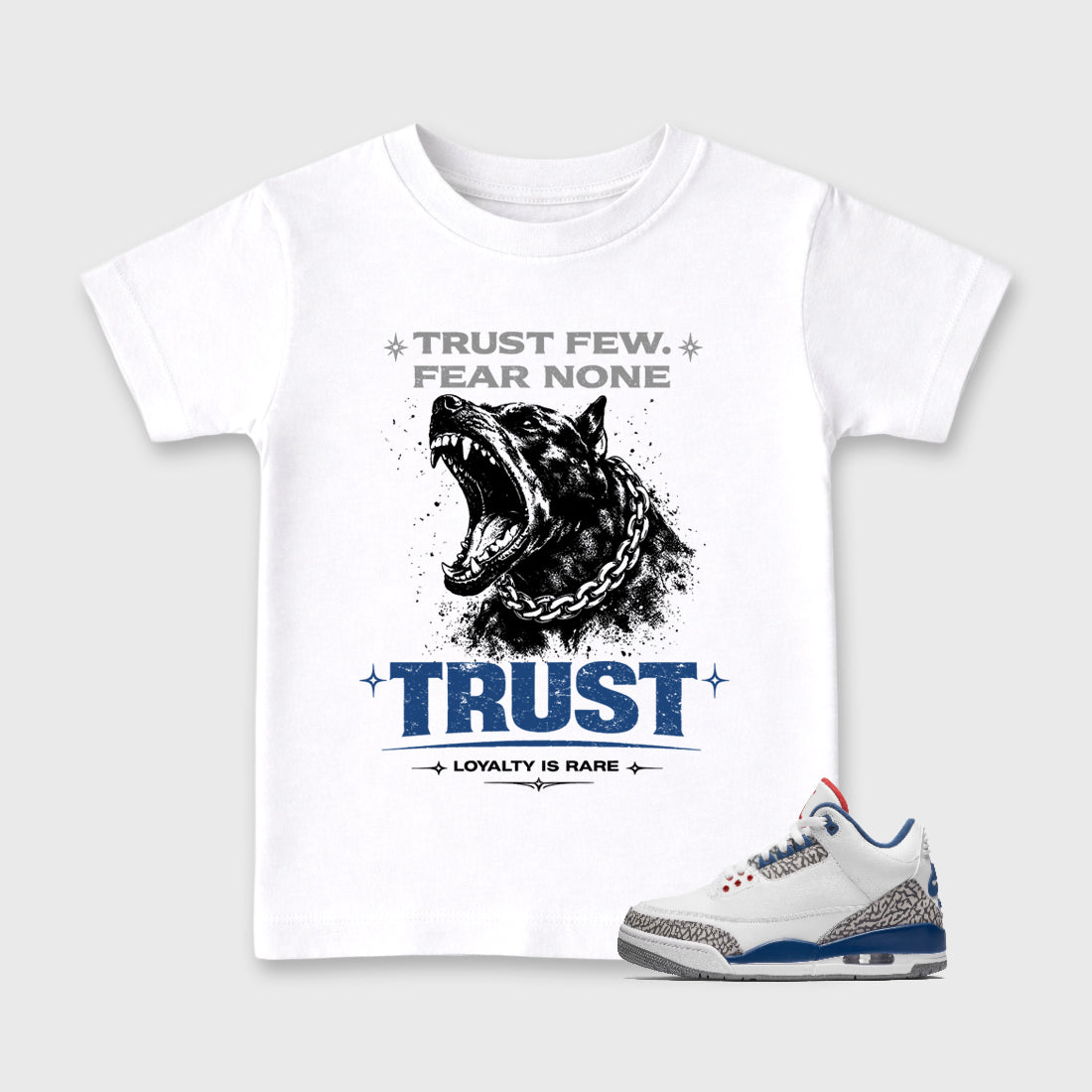 Loyalty is Rare Baby & Kids Graphic T-Shirt featuring original artwork designed to match the Air Jordan 3 True Blue. White 1 Kids Graphic Tee.