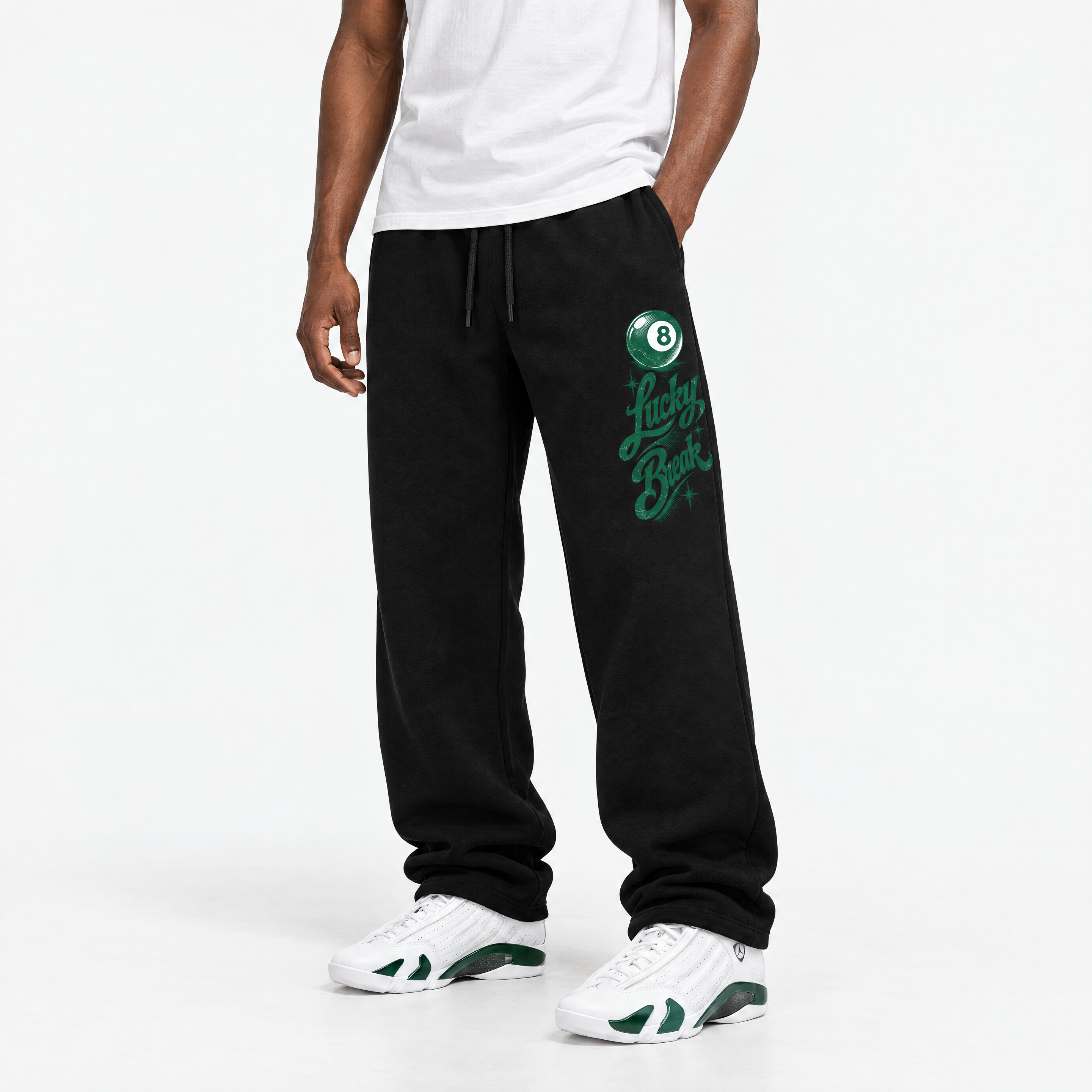 Lucky Break graphic wide cut sweatpants designed to match the Air Jordan 14 Forest Green, featuring coordinated Black 1 options for a perfect streetwear vibe.