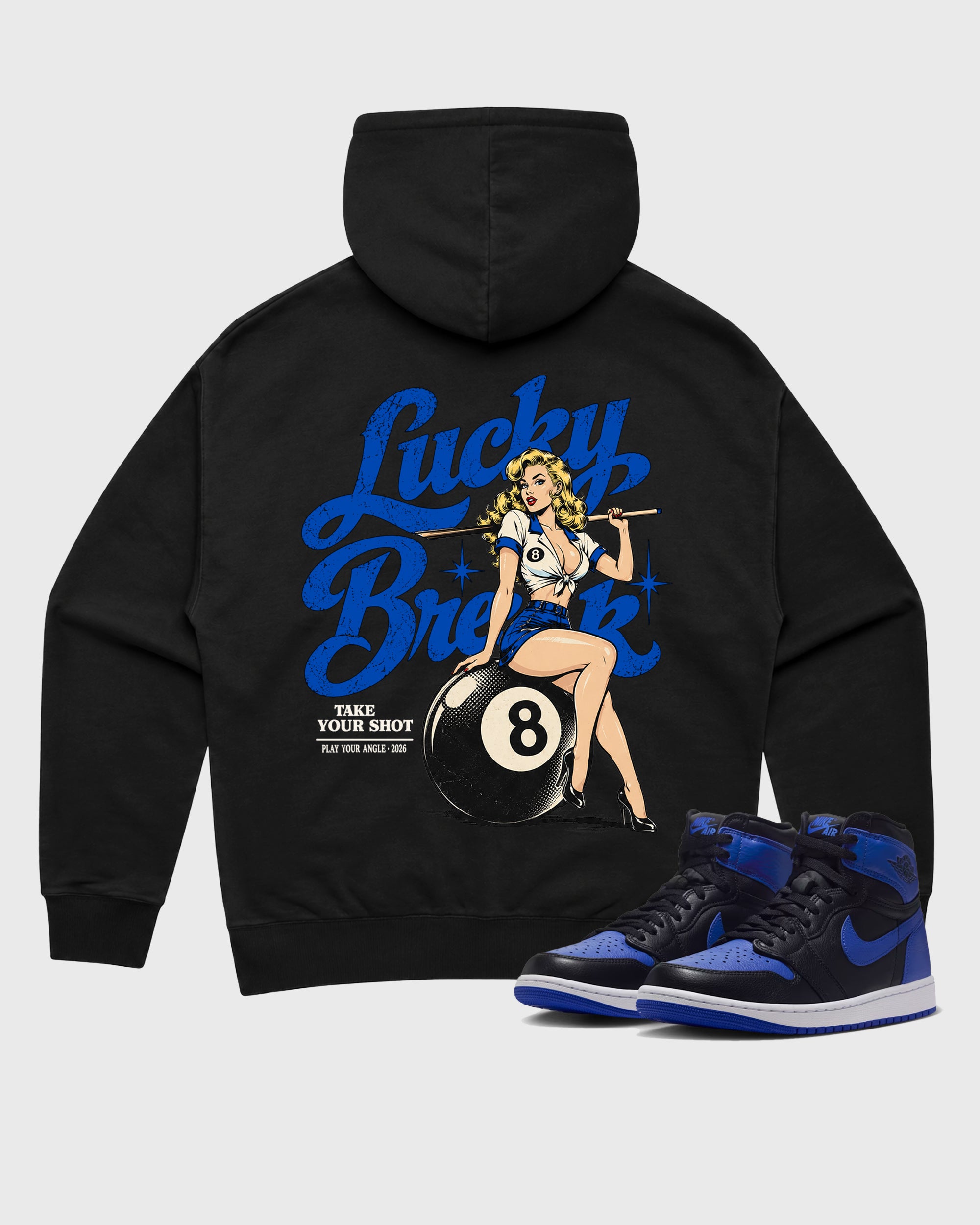 Lucky Break Black Graphic Hoodie - 1, a sneaker matching hoodie designed to pair with Air Jordan 1 Royal sneakers for a coordinated sneaker outfit.