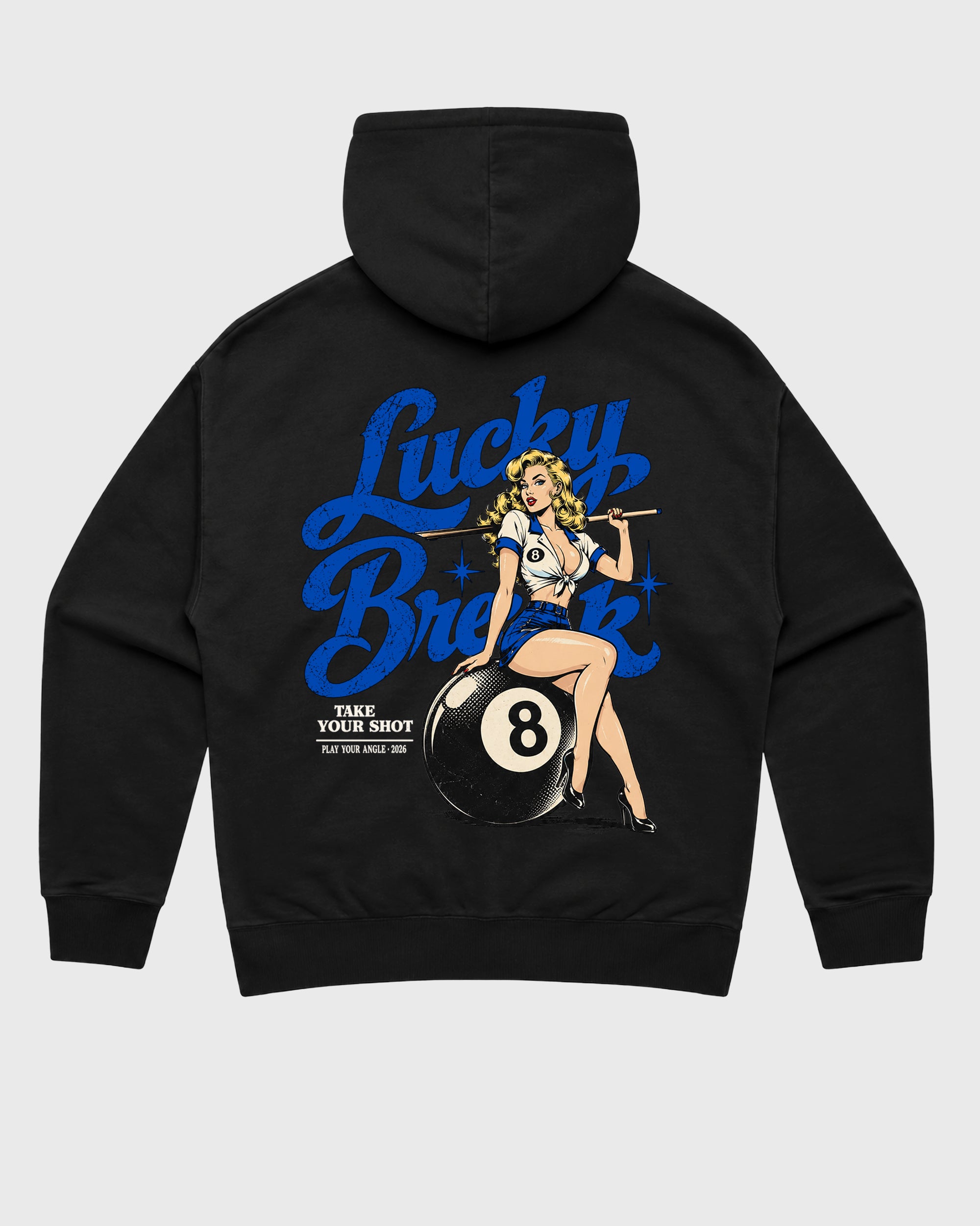 Lucky Break Black Graphic Hoodie - 3, a graphic sneaker hoodie styled around Air Jordan 1 Royal sneakers for a relaxed streetwear and sneaker look.