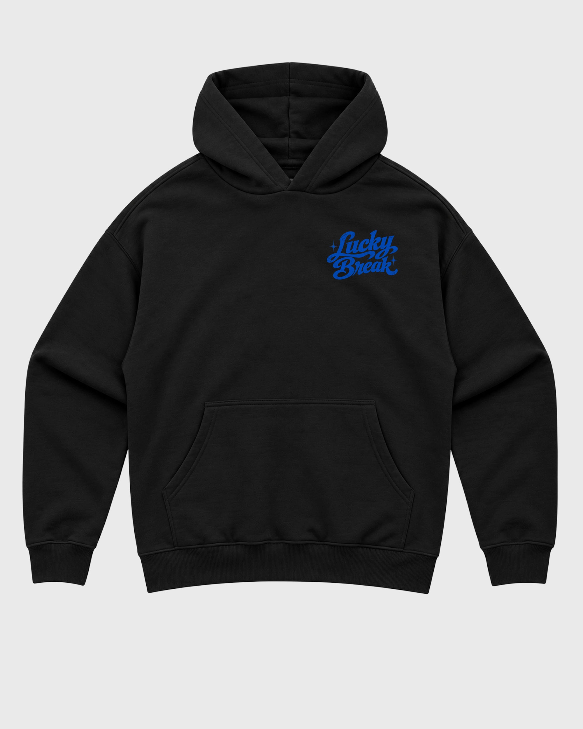 Lucky Break Black Graphic Hoodie - 3, a graphic sneaker hoodie styled around Air Jordan 1 Royal sneakers for a relaxed streetwear and sneaker look.