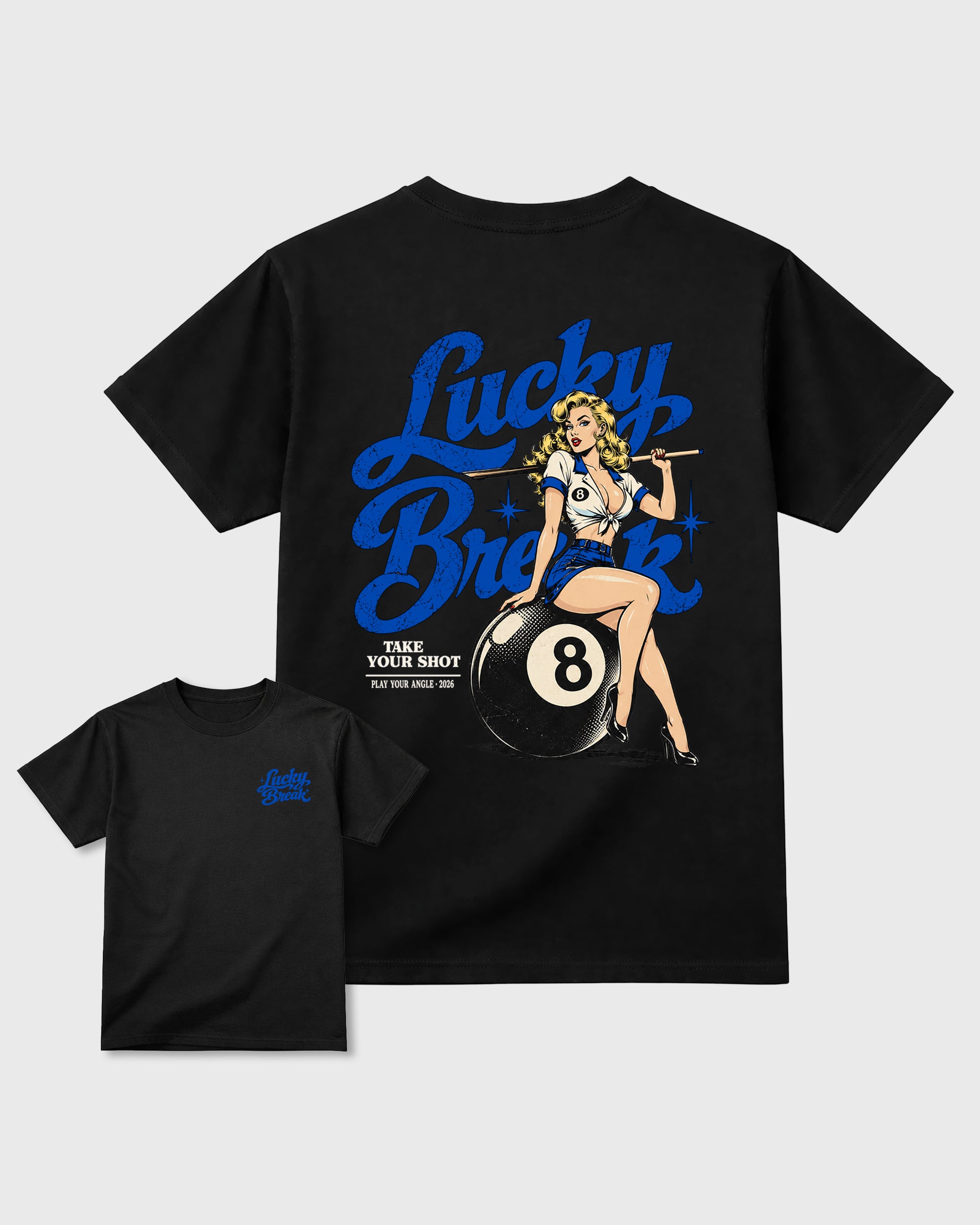 Lucky Break Black Graphic Tees - 3, sneaker matching shirt designed to pair with Air Jordan 1 Royal sneakers for a coordinated streetwear outfit.