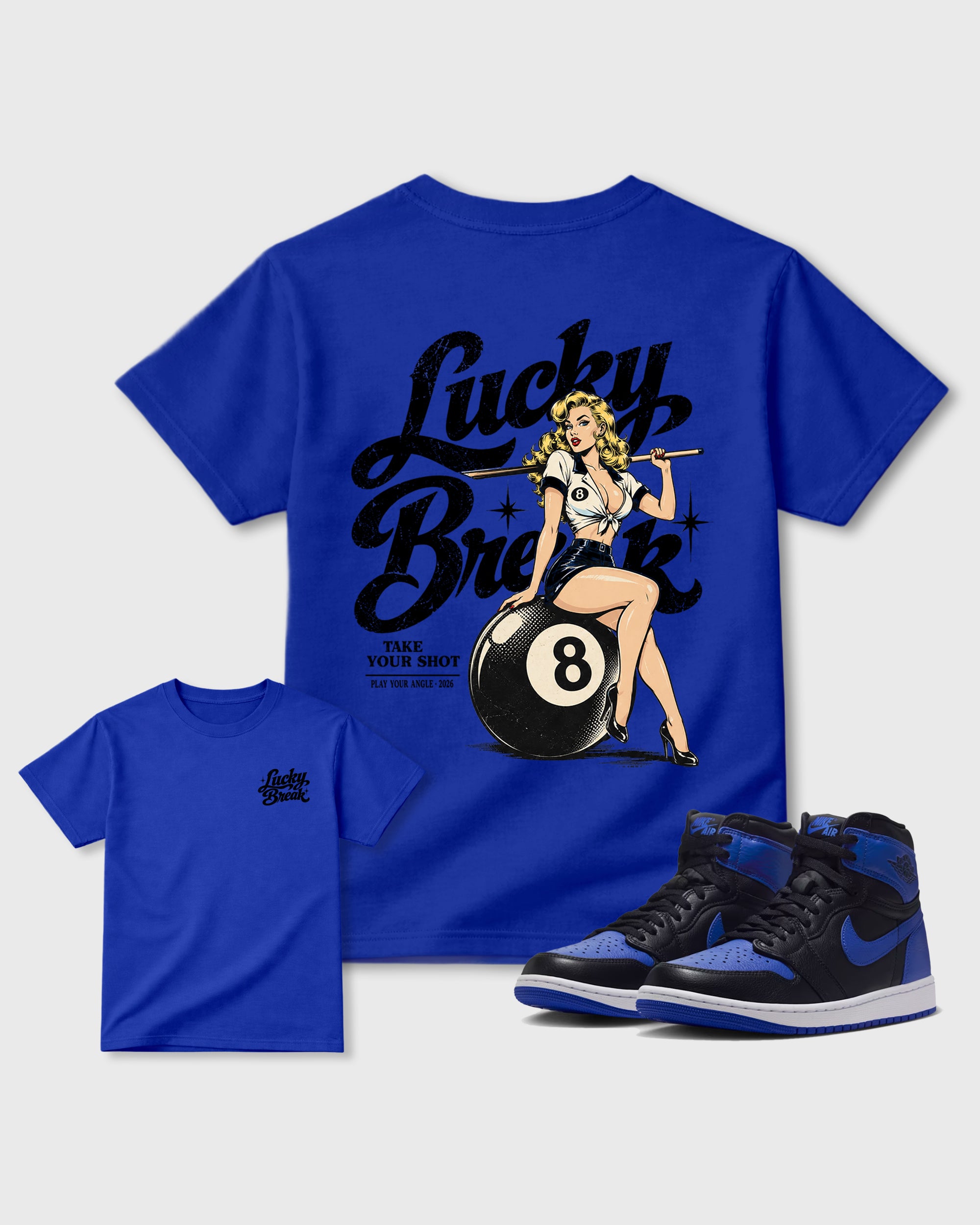 Lucky Break Royal Blue Graphic Tees - 3, sneaker matching shirt designed to pair with Air Jordan 1 Royal sneakers for a coordinated streetwear outfit.
