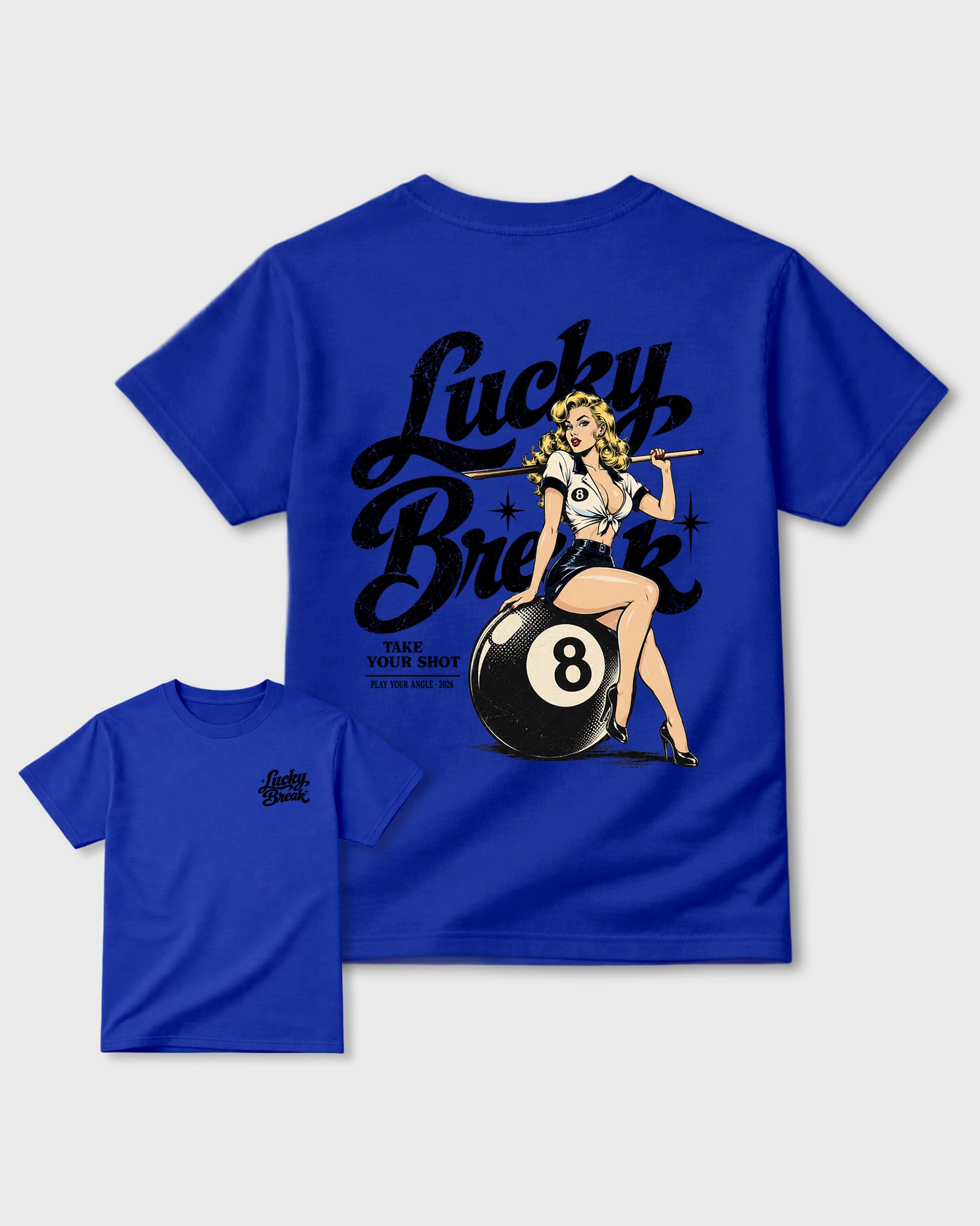 Lucky Break Royal Blue Graphic Tees - 3, sneaker matching shirt designed to pair with Air Jordan 1 Royal sneakers for a coordinated streetwear outfit.
