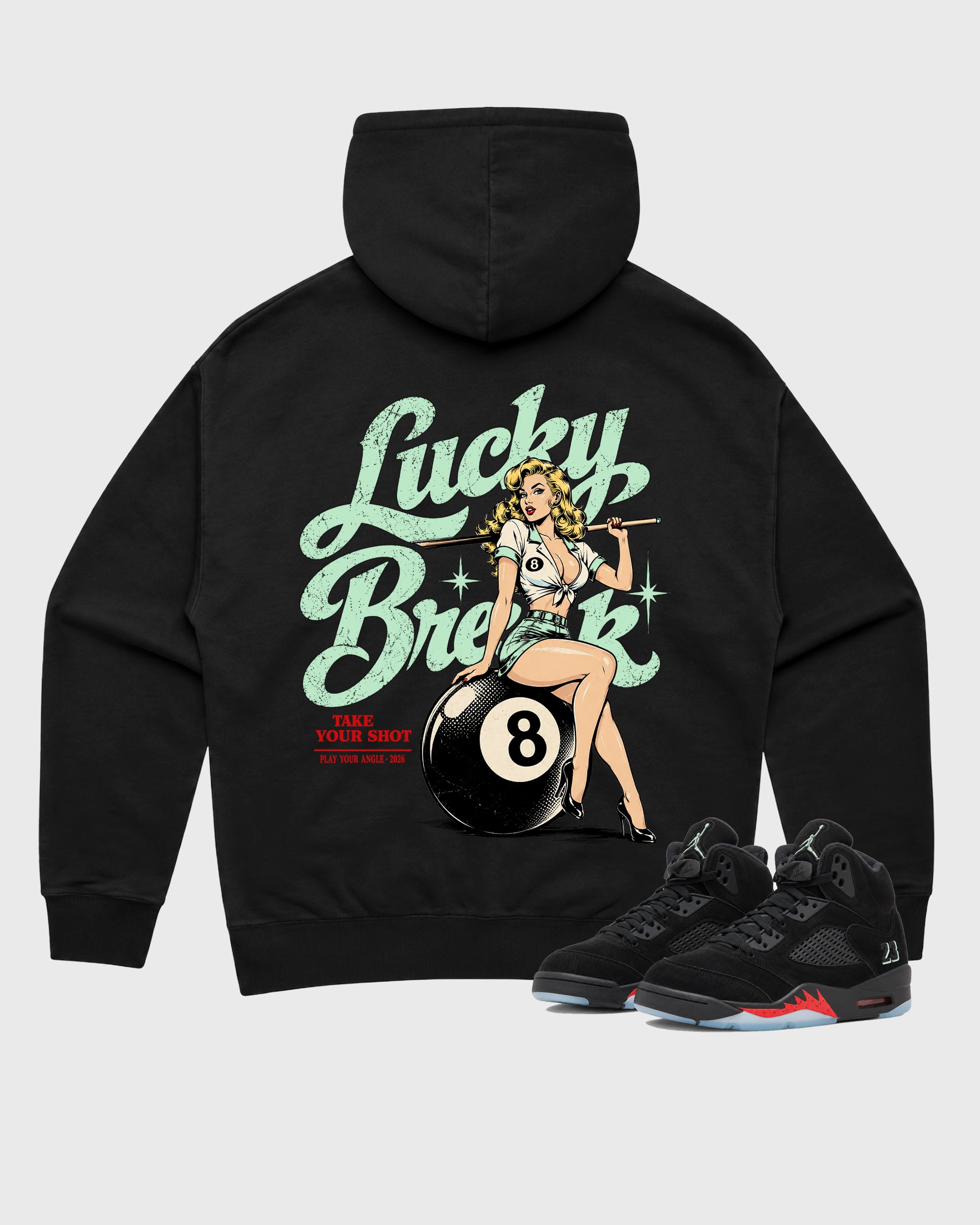 Lucky Break Black Graphic Hoodie - 1, a sneaker matching hoodie designed to pair with Air Jordan 5 Retro 'Halloween' sneakers for a coordinated sneaker outfit.