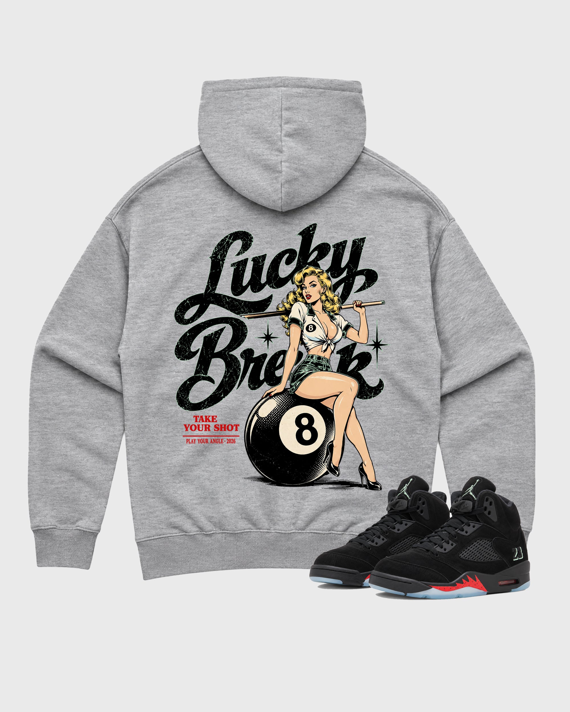 Lucky Break Heather Grey Graphic Hoodie - 1, a sneaker matching hoodie designed to pair with Air Jordan 5 Retro 'Halloween' sneakers for a coordinated sneaker outfit.