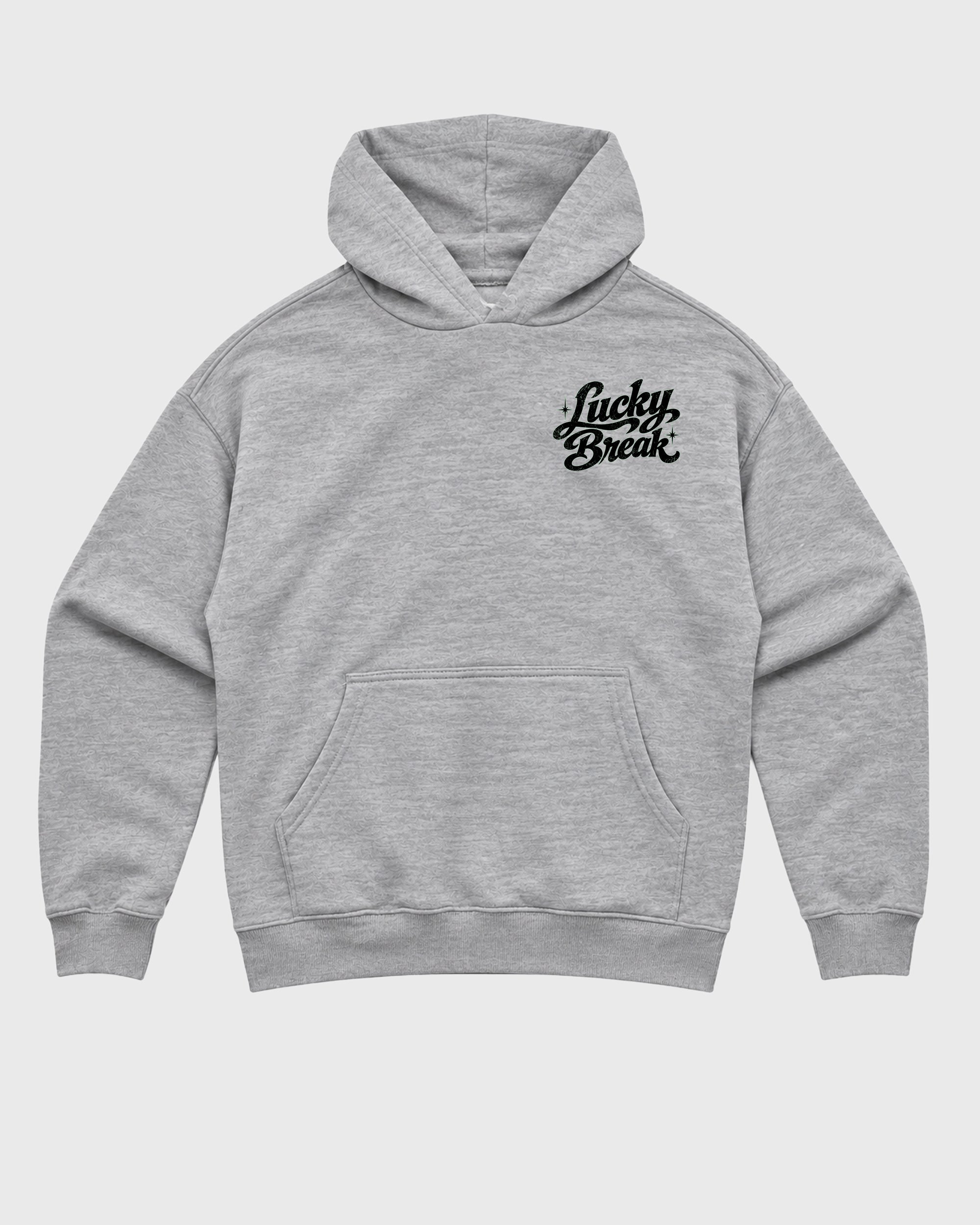 Lucky Break Heather Grey Graphic Hoodie - 3, a graphic sneaker hoodie styled around Air Jordan 5 Retro 'Halloween' sneakers for a relaxed streetwear and sneaker look.