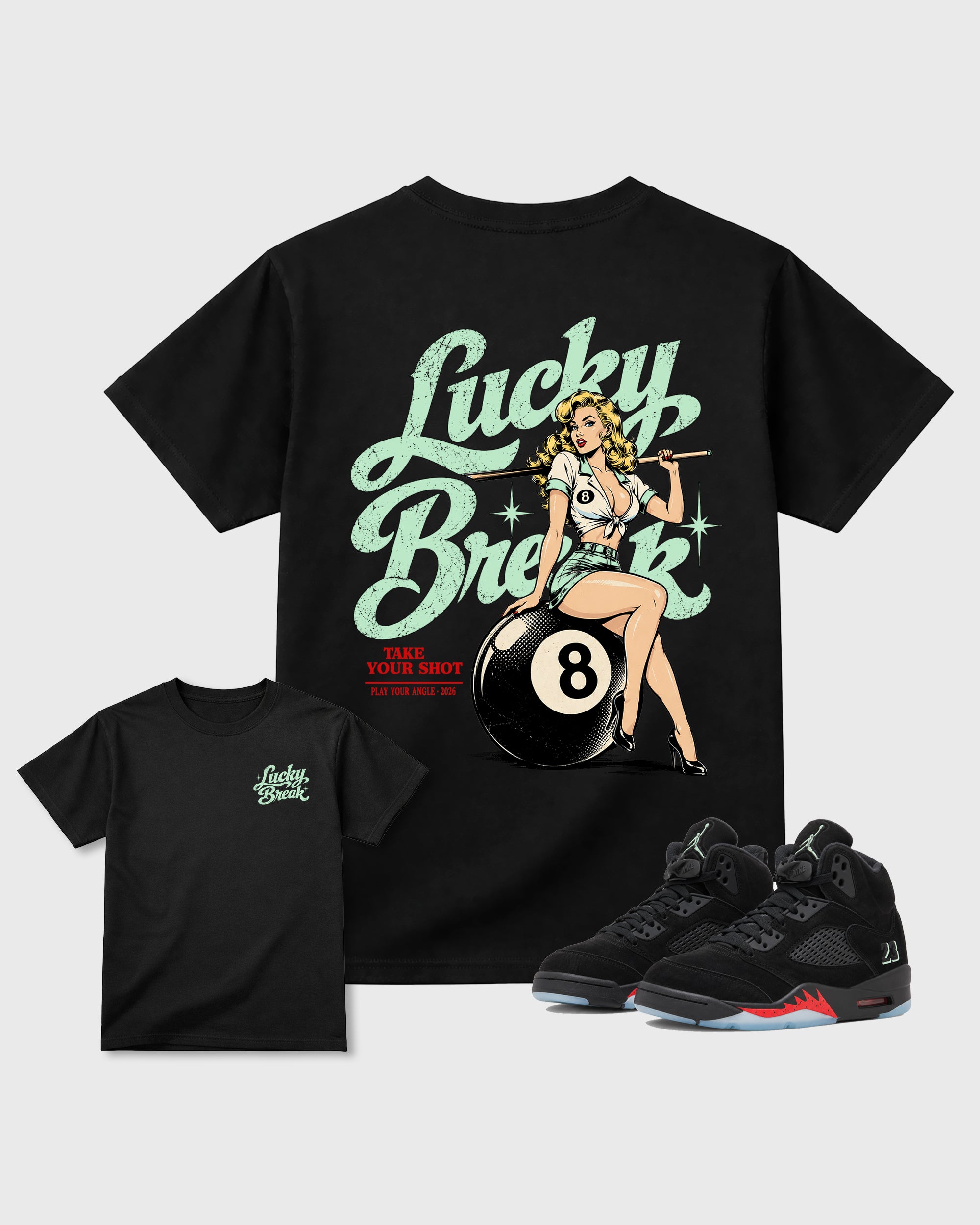 Lucky Break Black Graphic Tees - 1, sneaker matching tee designed to match Air Jordan 5 Retro 'Halloween' sneakers for a coordinated sneaker outfit.