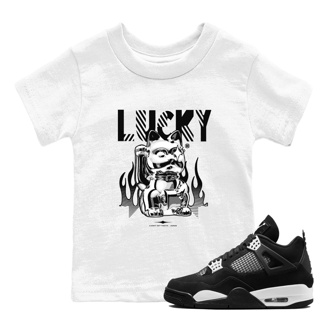 Air Jordan 4 Retro White Thunder shirts to match jordans Lucky Cat sneaker match tees Air Jordan 4 White Thunder SNRT Sneaker Release Tees Youth Baby White 1 crew neck shirts