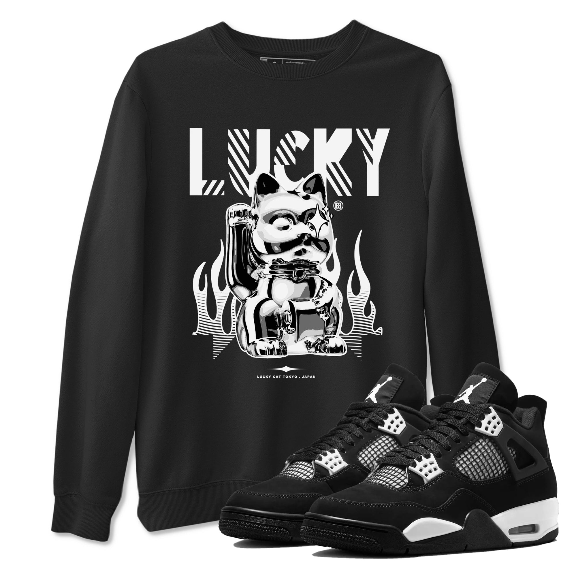 Air Jordan 4 Retro White Thunder shirts to match jordans Lucky Cat sneaker match tees Air Jordan 4 White Thunder SNRT Sneaker Release Tees unisex cotton Black 1 crew neck shirts