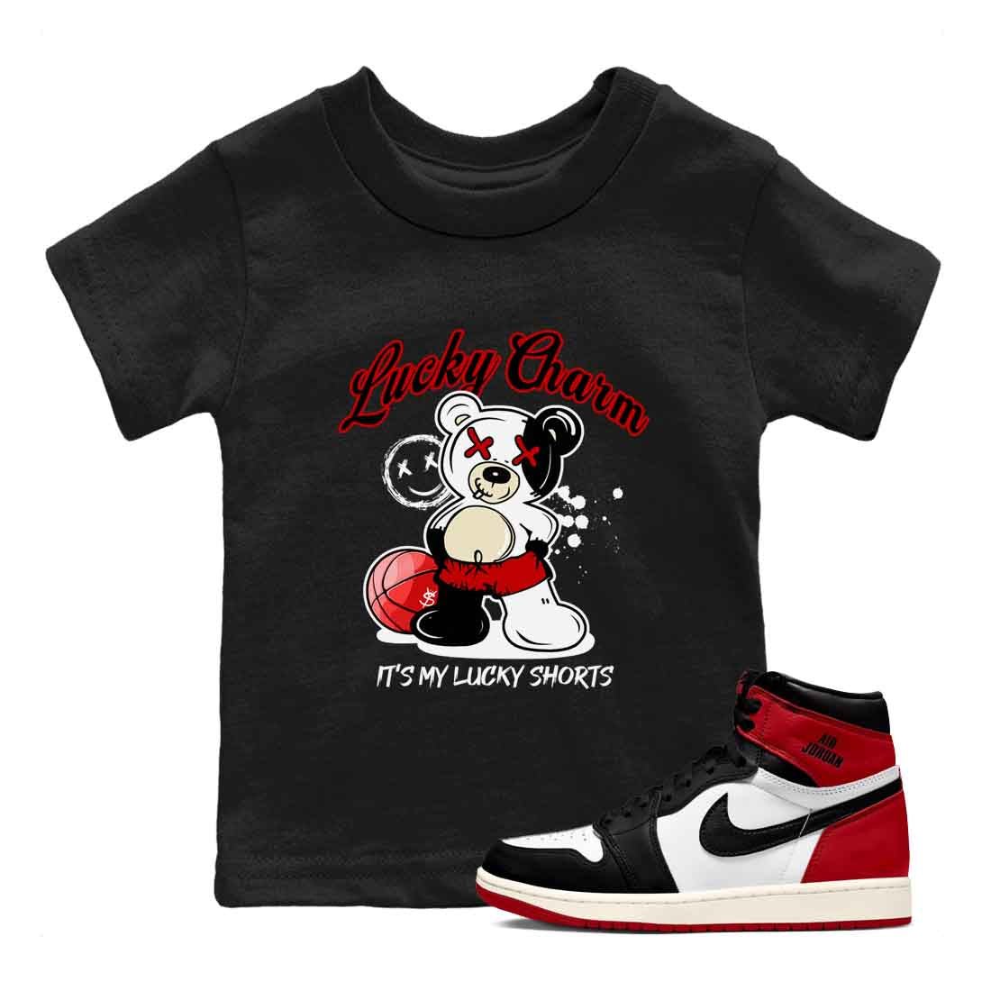 1s Black Toe Reimagined shirts to match jordans Lucky Charm best t shirts to wear with jordans AJ1 High OG Black Toe Reimagined match shoes to clothes SNRT Sneaker Tees Youth Baby Black 1 tee