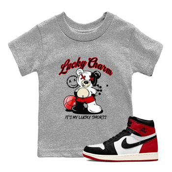 1s Black Toe Reimagined shirts to match jordans Lucky Charm best t shirts to wear with jordans AJ1 High OG Black Toe Reimagined match shoes to clothes SNRT Sneaker Tees Youth Baby Heather Grey 1 tee