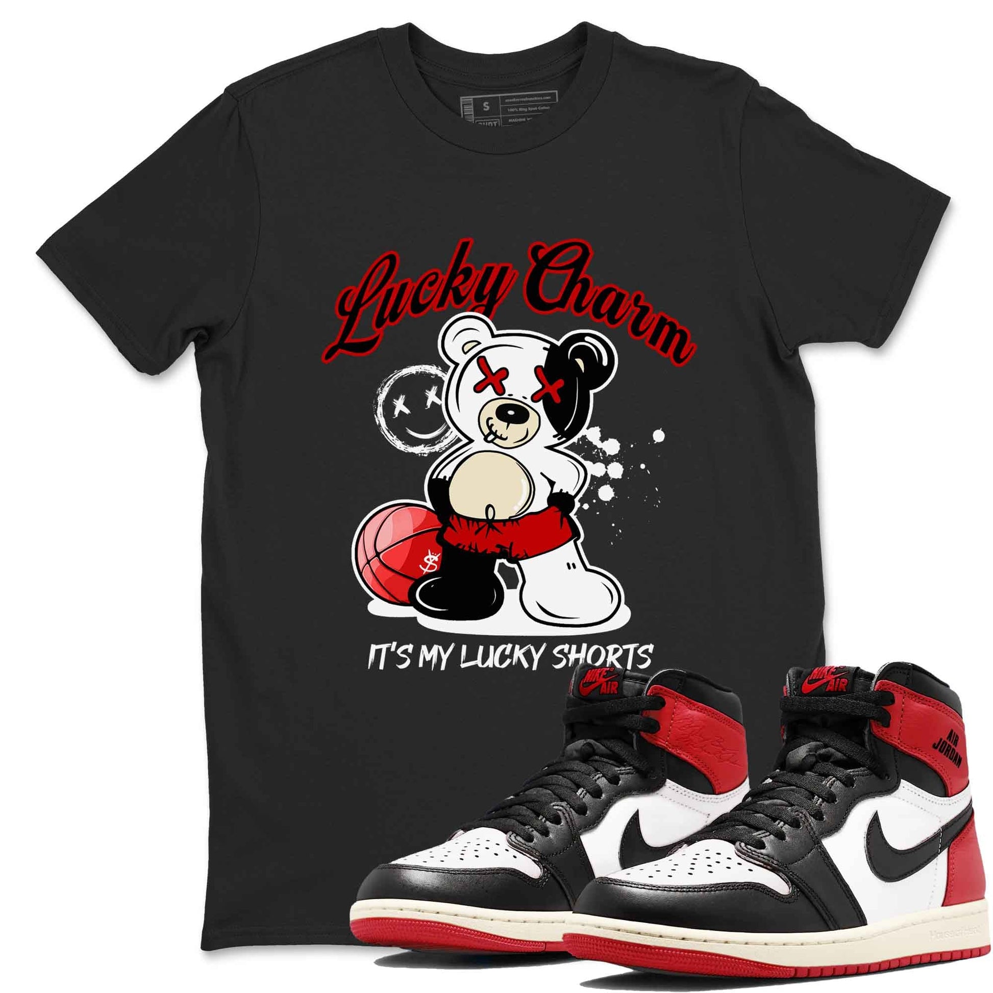 1s Black Toe Reimagined shirts to match jordans Lucky Charm best t shirts to wear with jordans AJ1 High OG Black Toe Reimagined match shoes to clothes SNRT Sneaker Tees unisex cotton Black 1 shirts