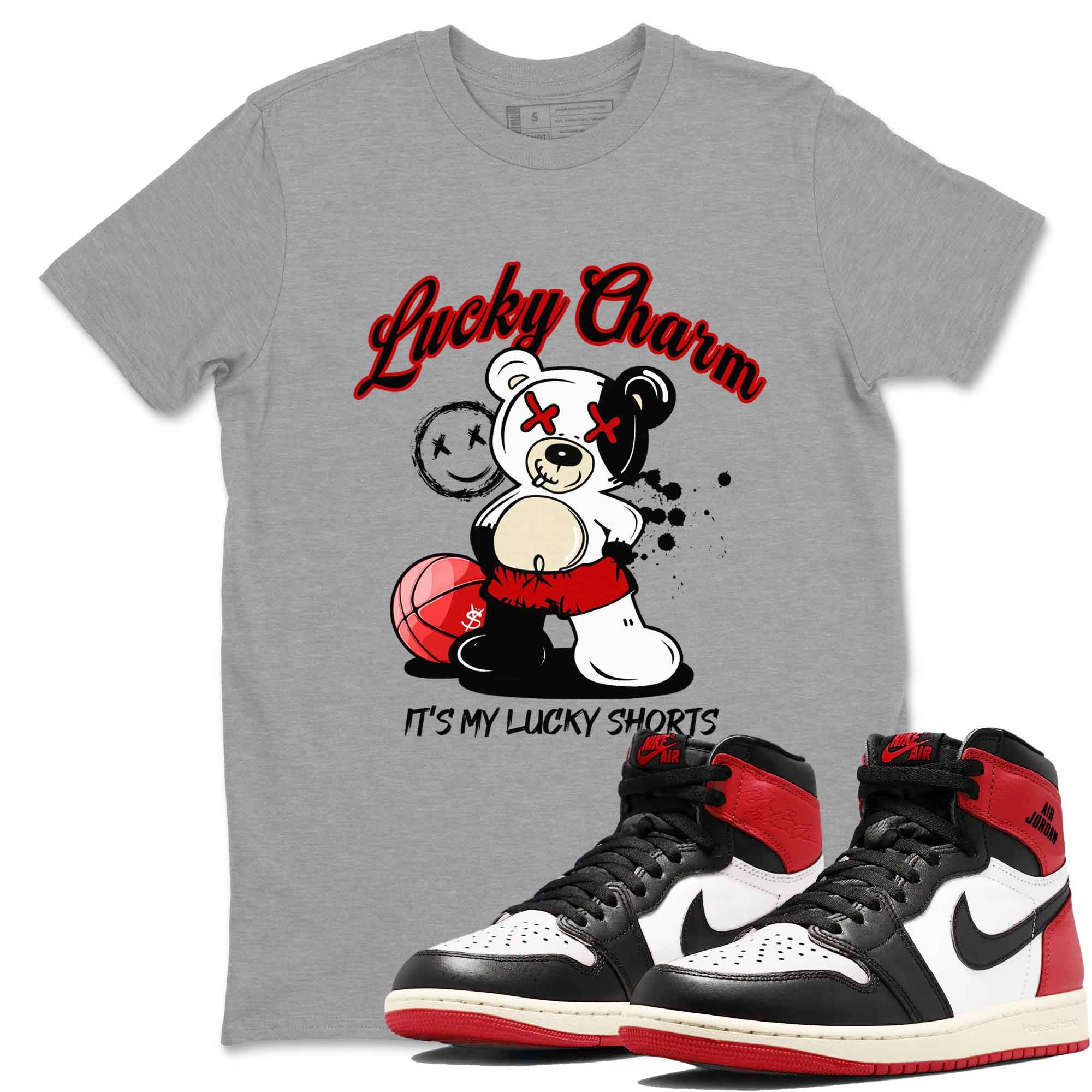1s Black Toe Reimagined shirts to match jordans Lucky Charm best t shirts to wear with jordans AJ1 High OG Black Toe Reimagined match shoes to clothes SNRT Sneaker Tees unisex cotton Heather Grey 1 shirts